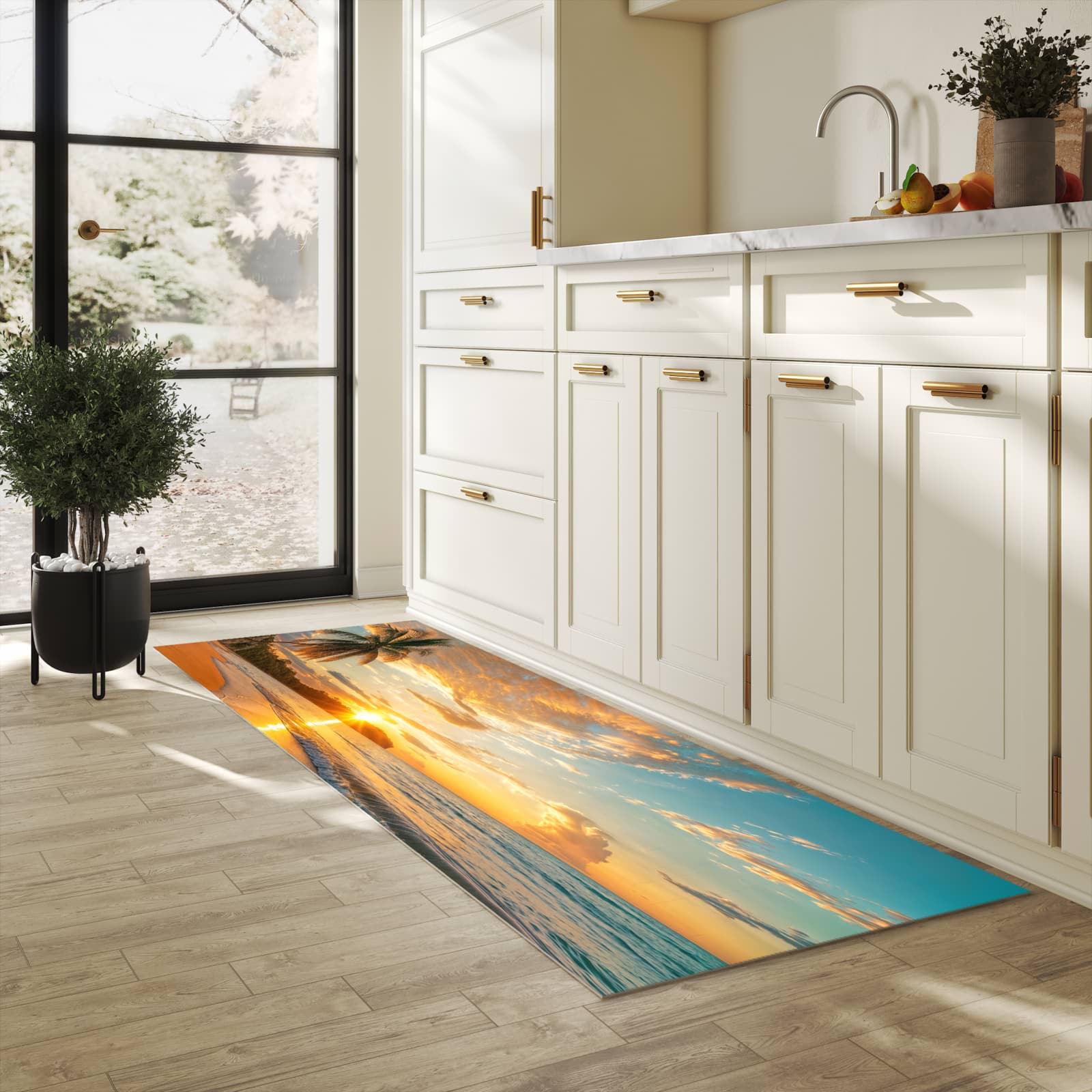 Rutschfester Küchenteppich mit Motiv Strand von Sonnenuntergang in heller Küche