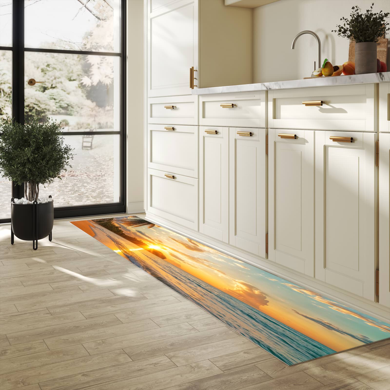 Strapazierfähiger Küchenteppich mit Motiv Strand von Sonnenuntergang in heller Küche