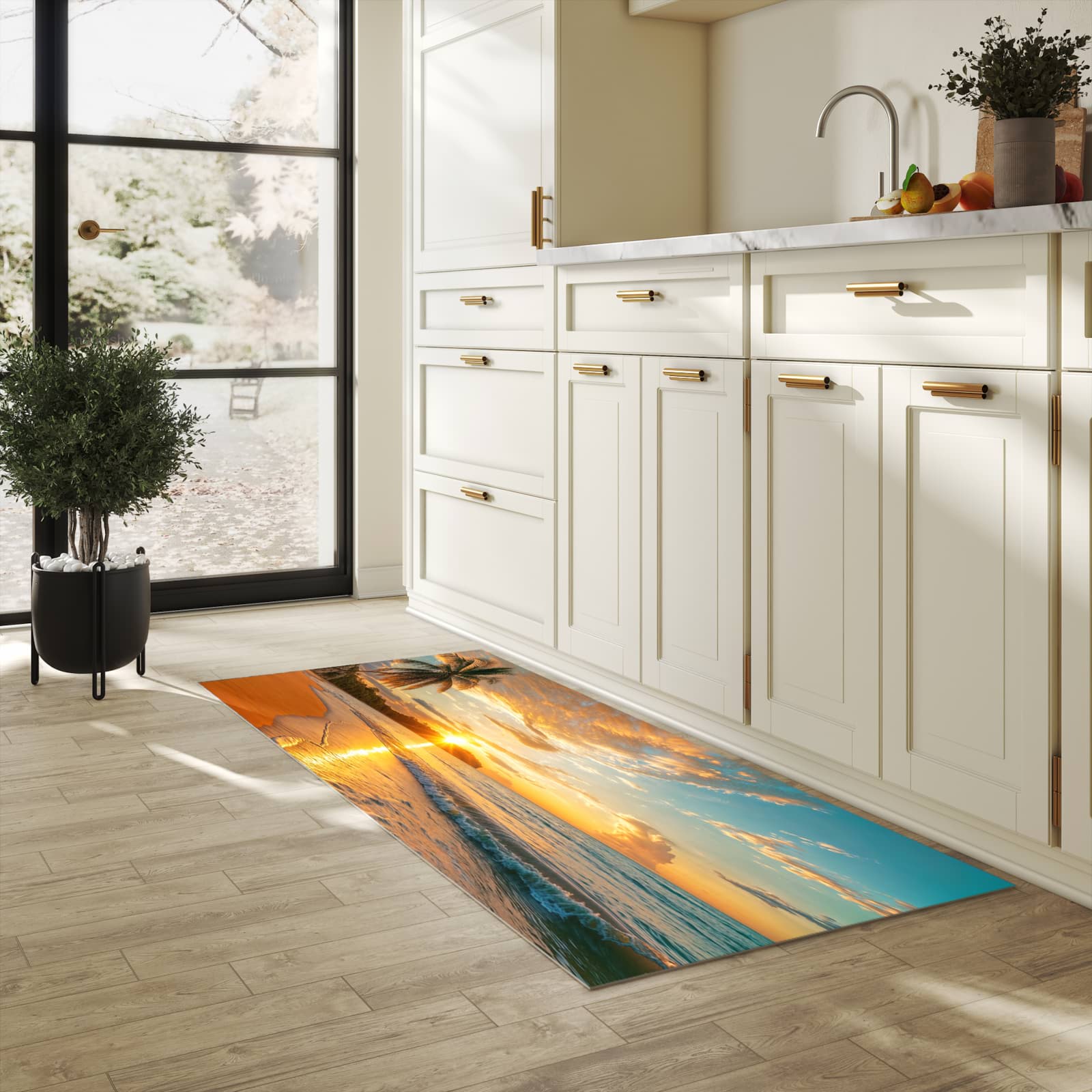Langlebiger Küchenteppich mit Motiv Strand von Sonnenuntergang in heller Küche
