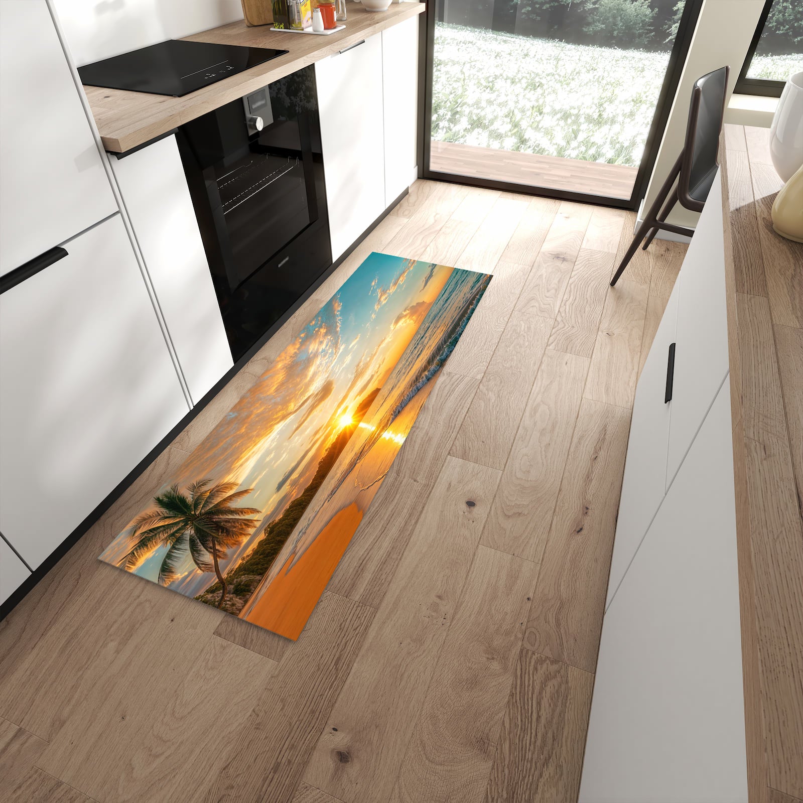 Farbbeständiger waschbarer Küchenläufer mit Motiv Strand von Sonnenuntergang in moderner Küche