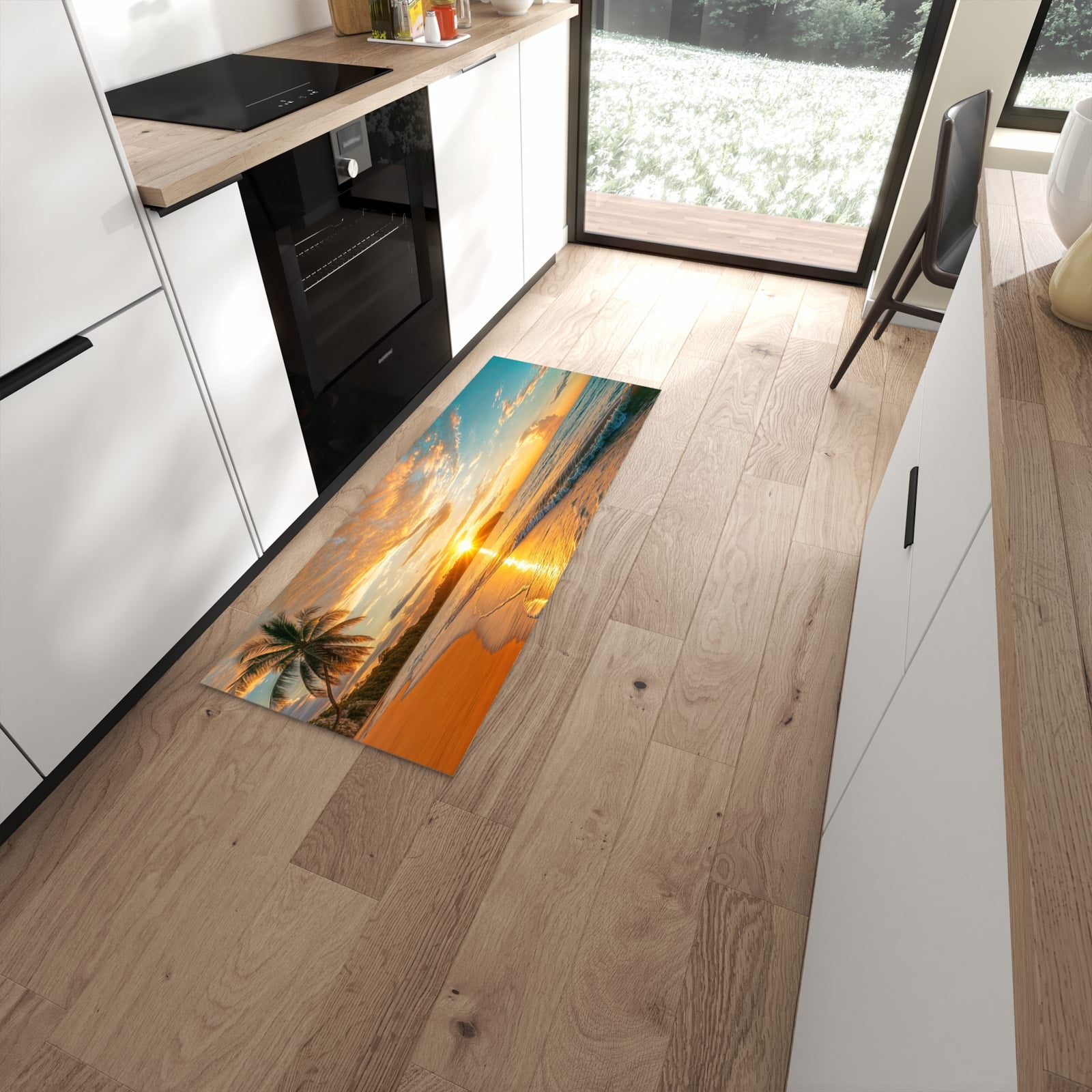 Bodenschonender waschbarer Küchenläufer mit Motiv Strand von Sonnenuntergang in moderner Küche #grösse_60 x 150 cm
