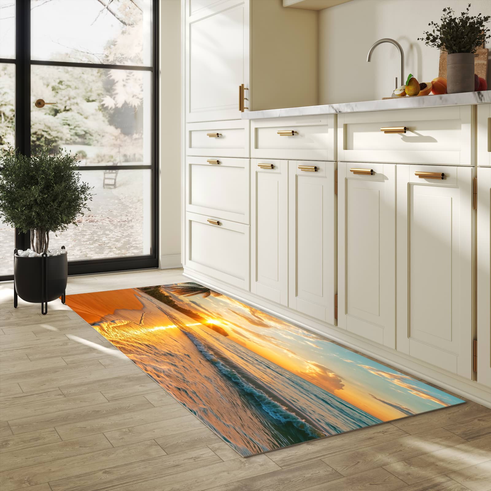 Bodenschonender Küchenteppich mit Motiv Strand von Sonnenuntergang in heller Küche