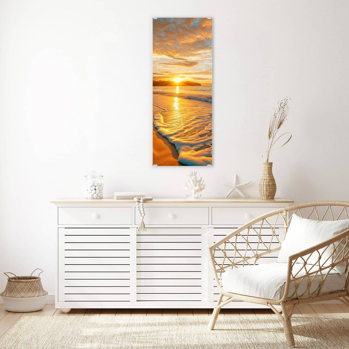 Wandbild - Palme am Abendstrand - Hochformat – Palme im orangen Abendlicht
