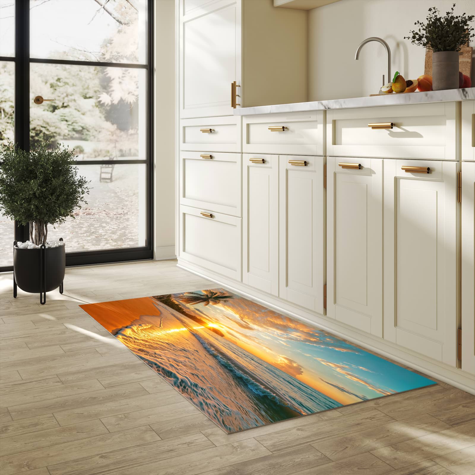 Küchenteppich mit Motiv Strand von Sonnenuntergang für Ordnung & Übersicht in heller Küche