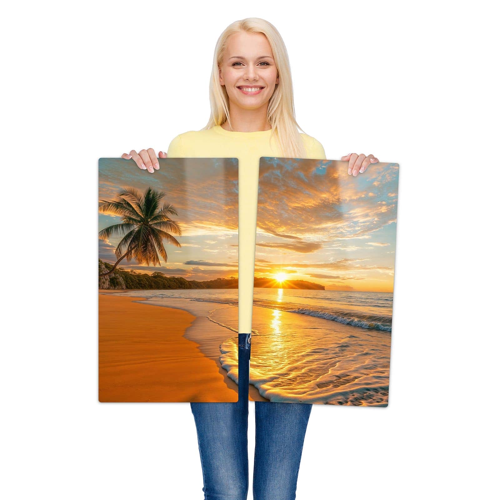 2-teilige Glasplatte für Herd mit Sonnenuntergang am Strand-Motiv wird zur Größendarstellung gehalten
