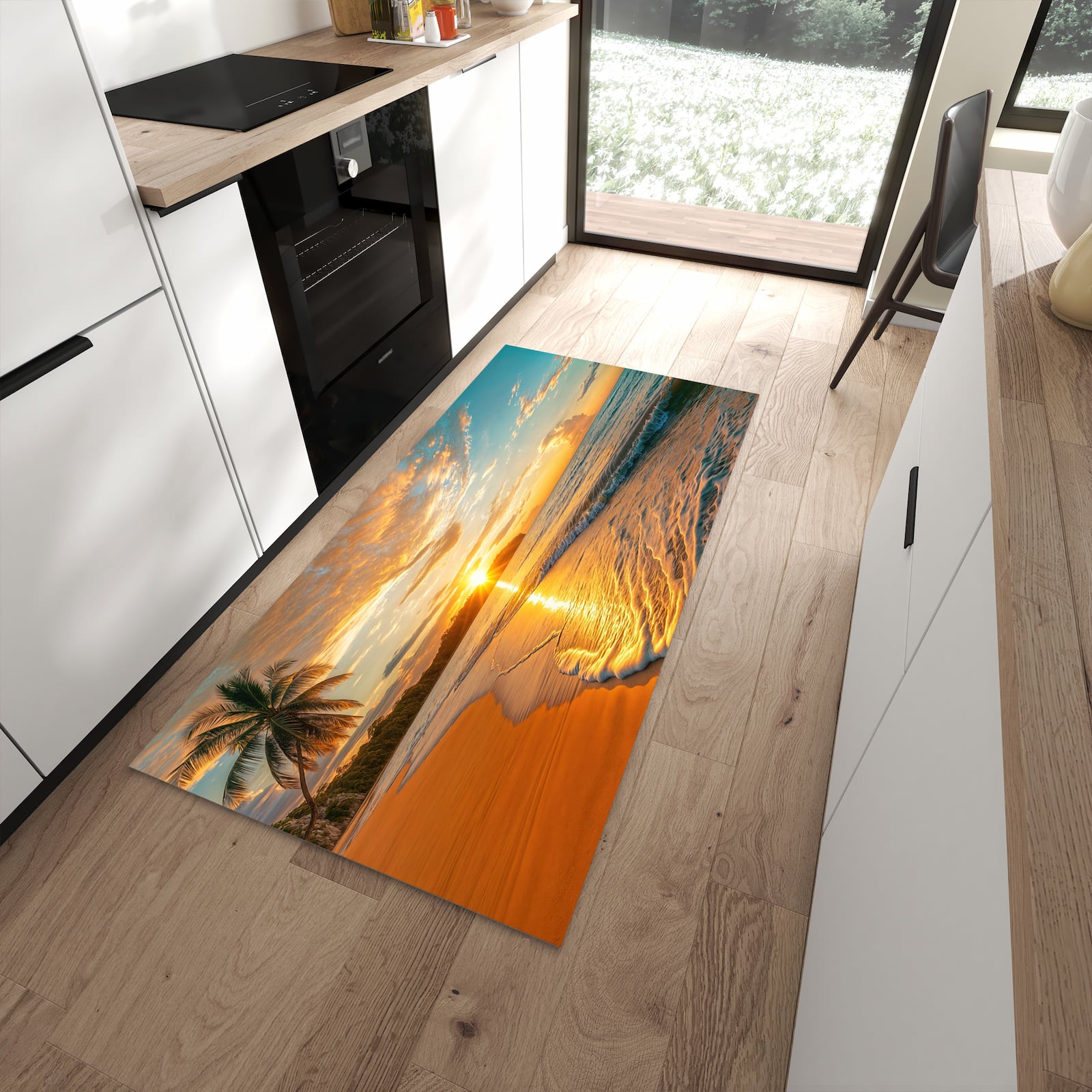 Fleckenresistenter rutschfester Küchenteppich mit Motiv Strand von Sonnenuntergang in moderner Küche