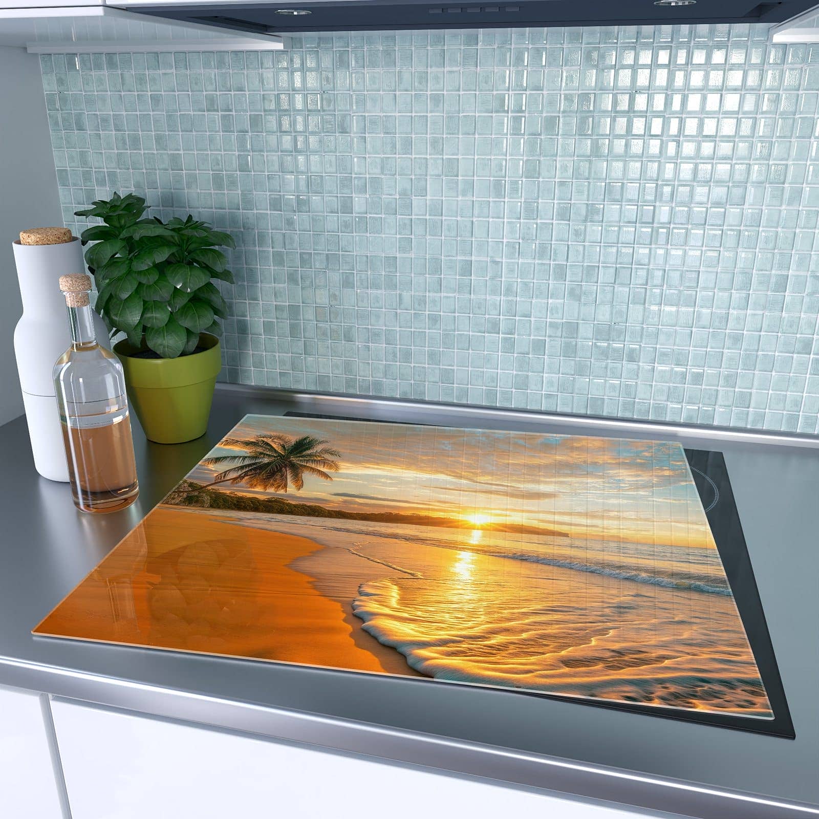 1-teilige Herdabdeckplatten für Ceranfeld mit Sonnenuntergang am Strand-Motiv auf dem Ceranfeld