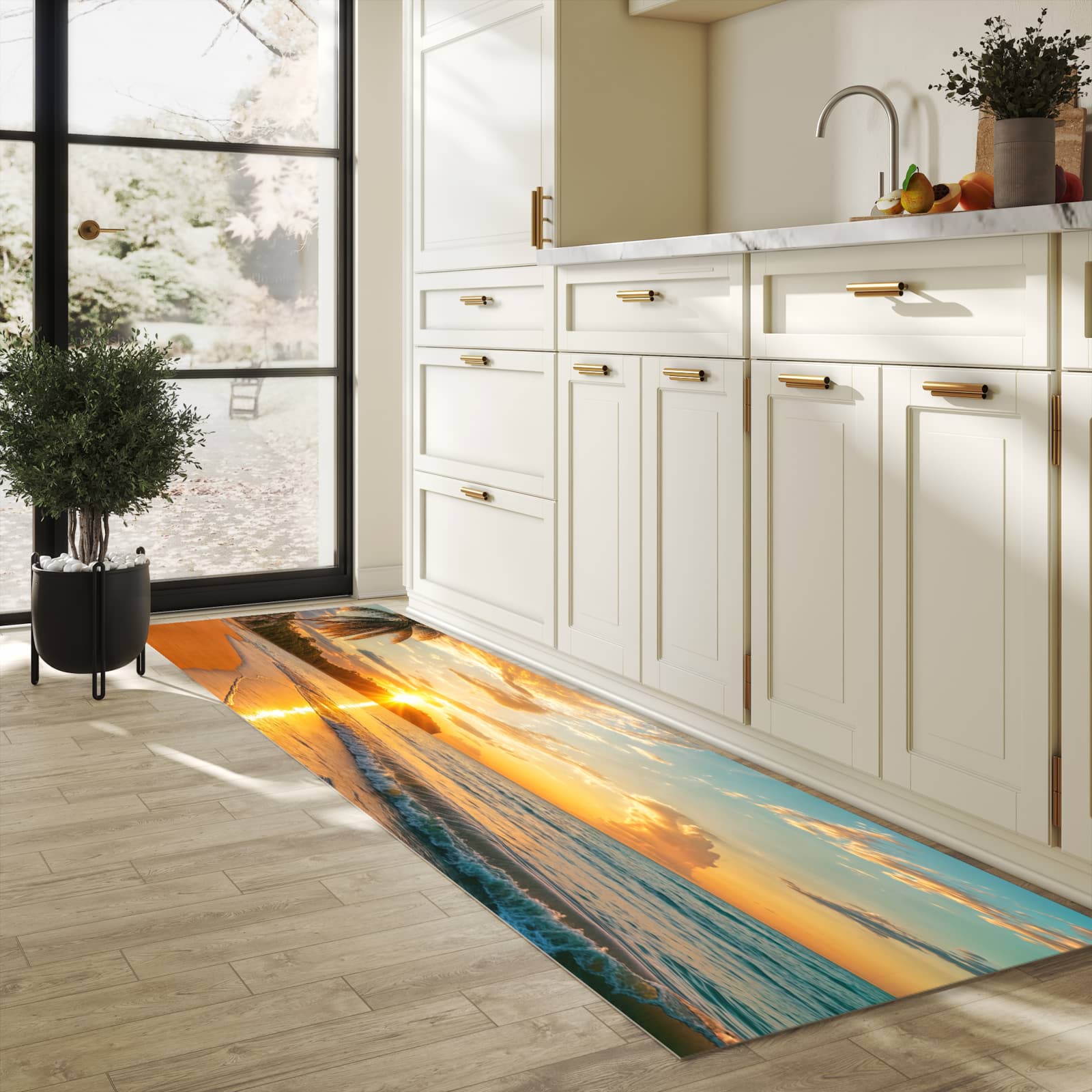Bodenschonender Küchenteppich mit Motiv Strand von Sonnenuntergang in heller Küche