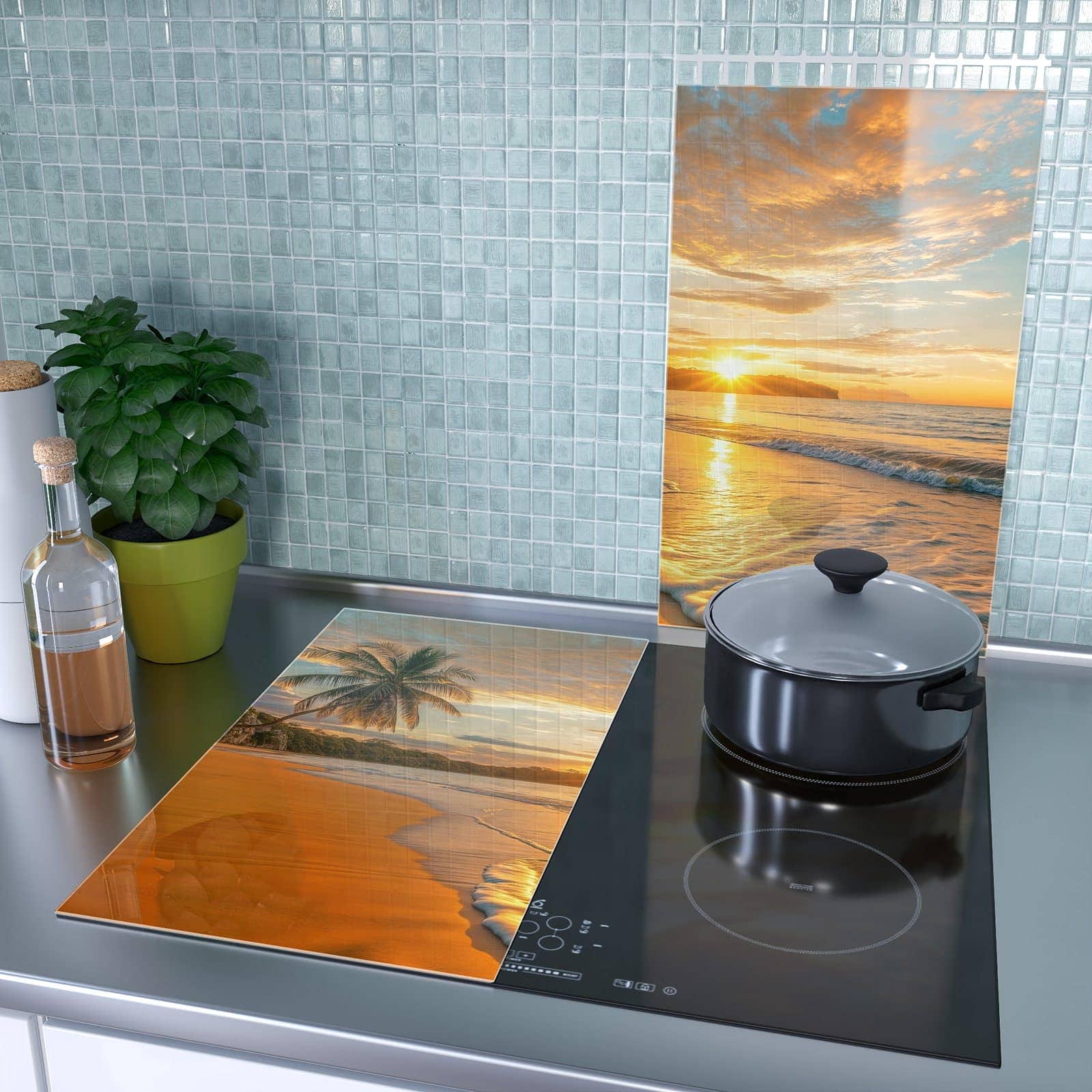 2-teilige Herdabdeckplatten mit Sonnenuntergang am Strand-Motiv als Spritzschutz hinter dem Kochfeld