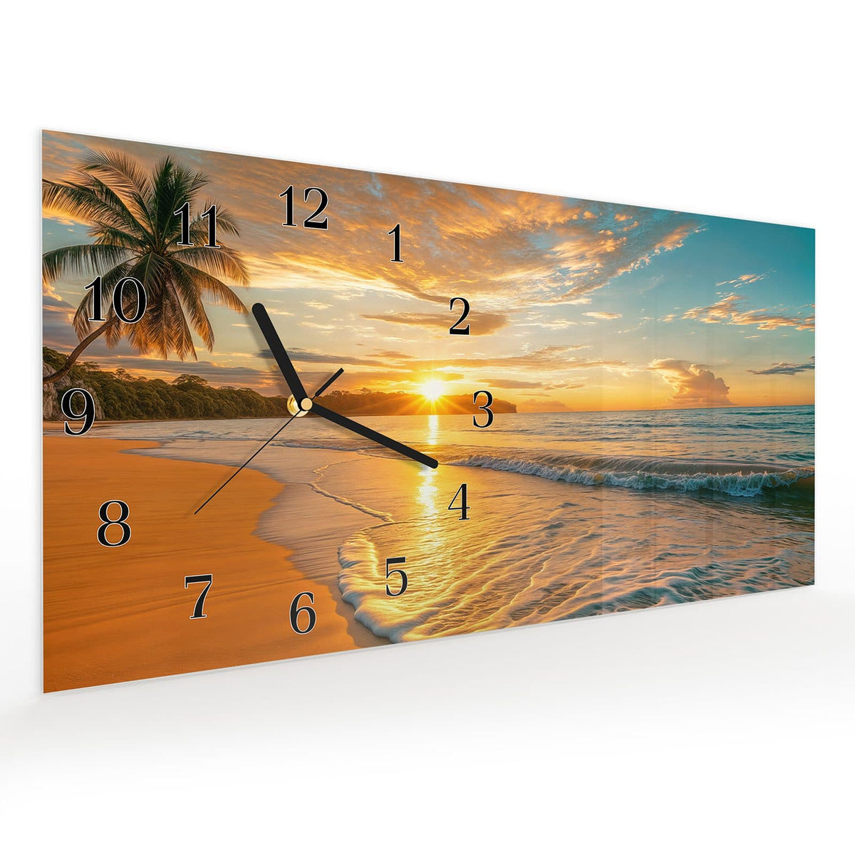 Vormontiert – mit Schwebeeffekt – Wanduhr Sonnenuntergang am Strand aus Glas – Querformat 60 × 30 cm