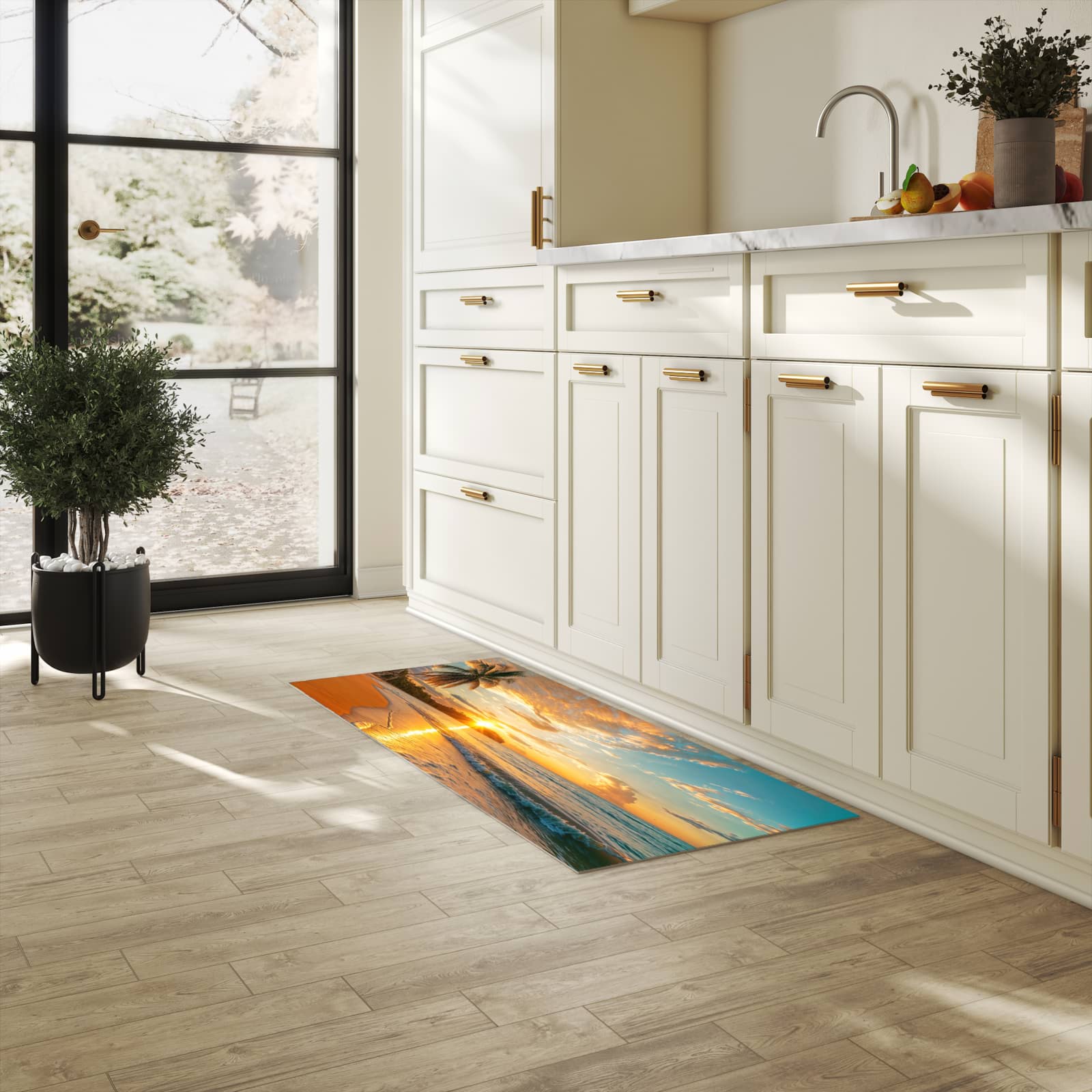 Rutschfester Küchenläufer mit Motiv Strand von Sonnenuntergang in heller Küche zum Waschen