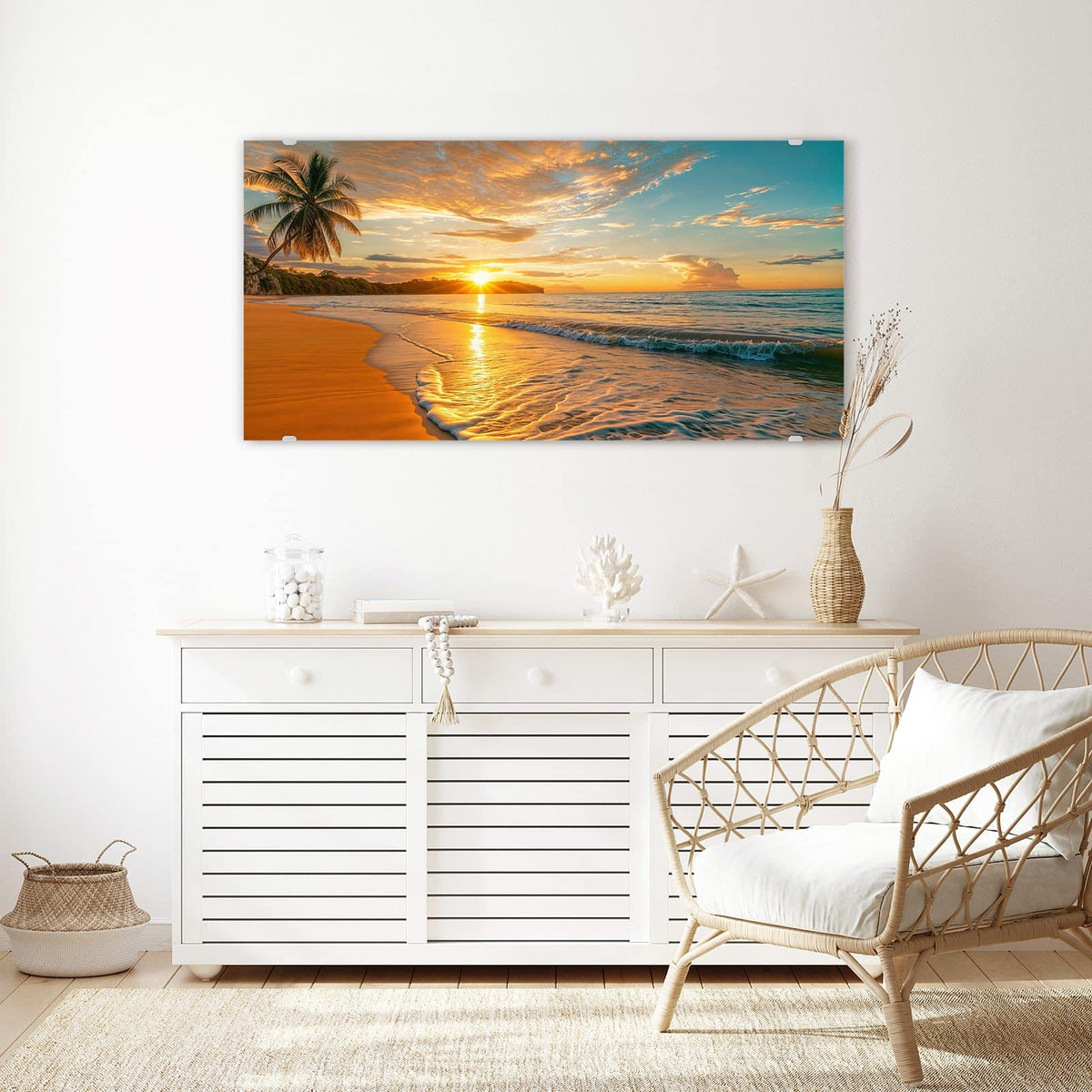 Echtglas, 4 mm – kein Acryl, keine Folie – Wandbild - Palme am Abendstrand - Querformat