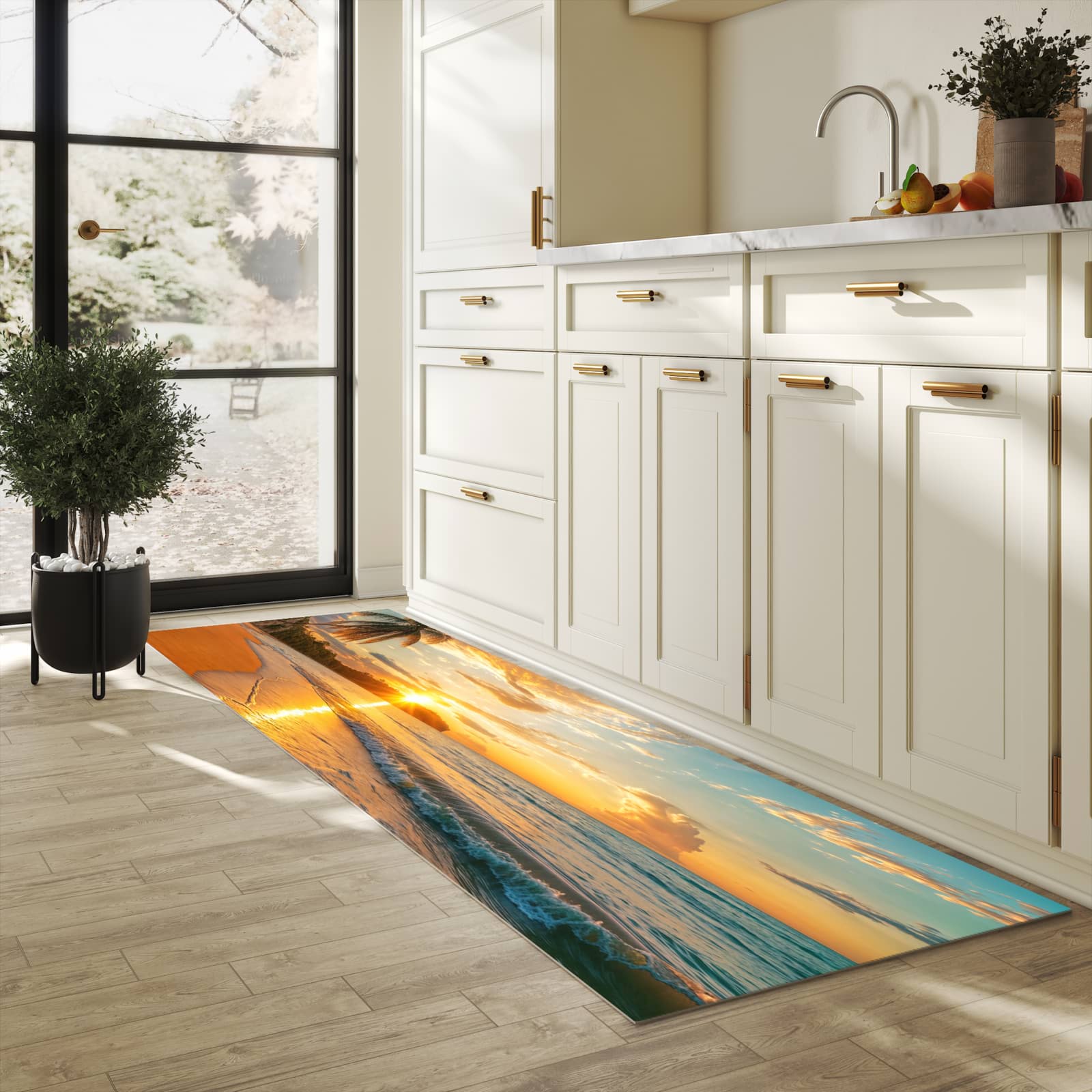 Feuchtigkeitsresistenter Teppich für die Küche mit Motiv Strand von Sonnenuntergang in heller Küche