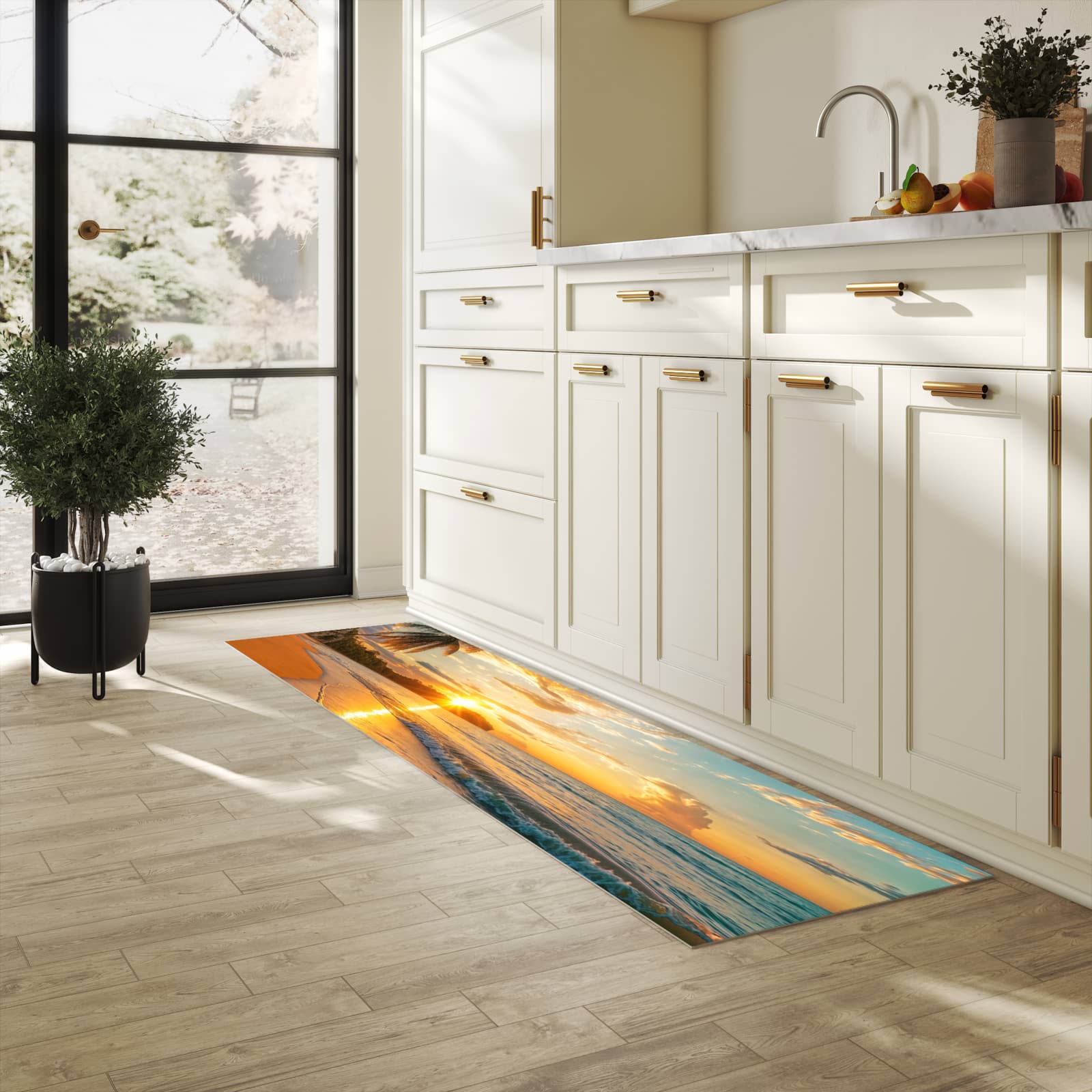 Abwaschbarer Küchenläufer mit Motiv Strand von Sonnenuntergang in heller Küche für angenehme Haptik