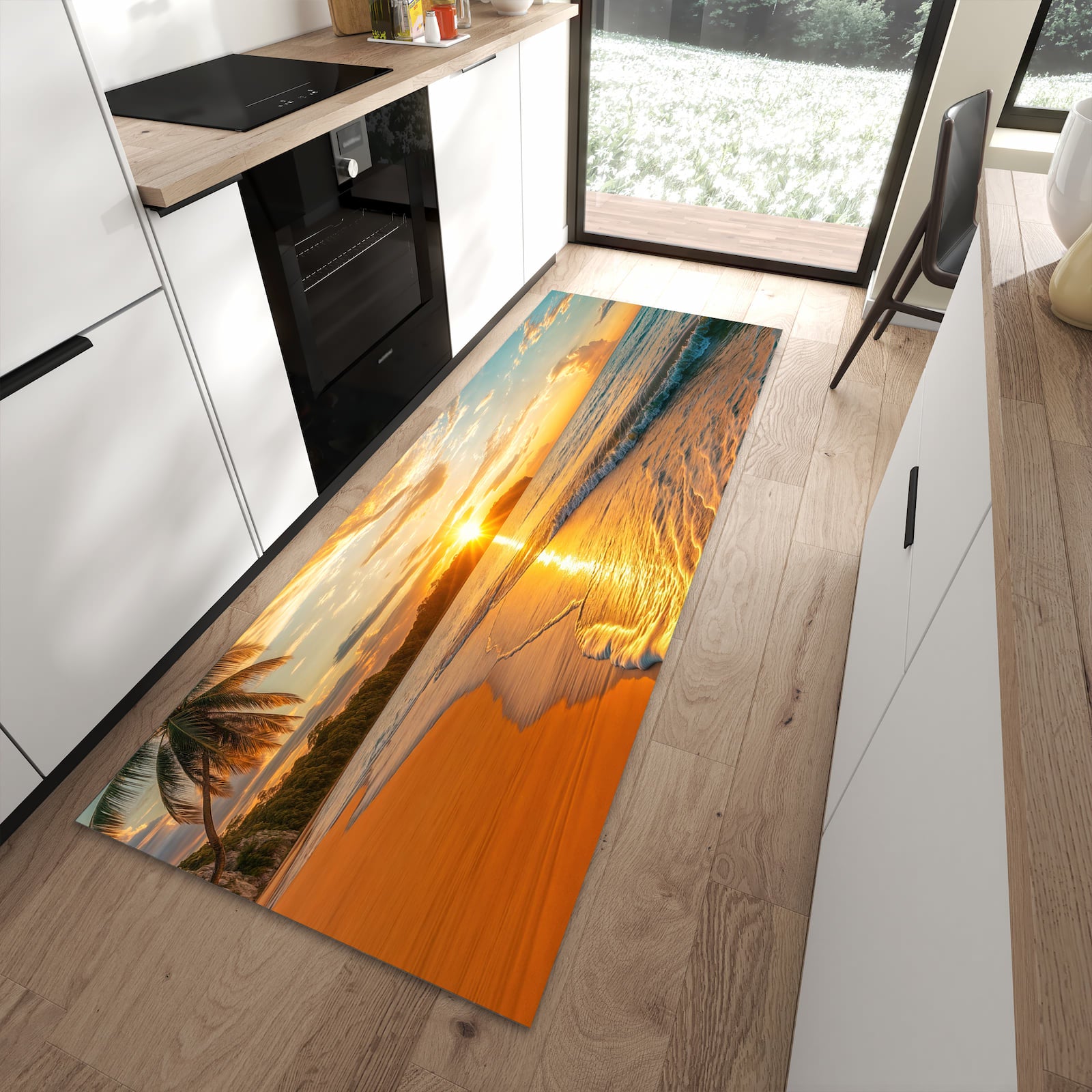 Schmutzabweisender Bodenläufer mit Motiv Strand von Sonnenuntergang in moderner Küche