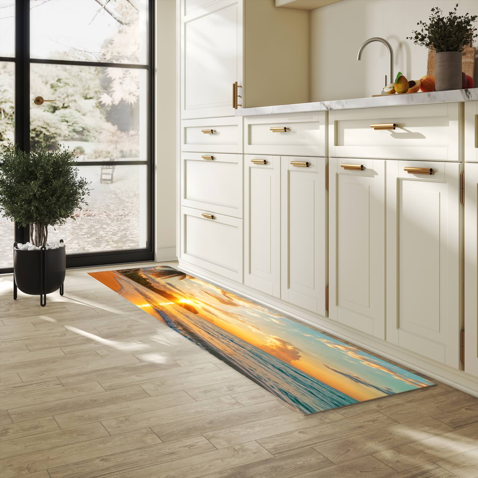 Hygienischer Küchenteppich mit Motiv Strand von Sonnenuntergang in heller Küche - abwaschbar