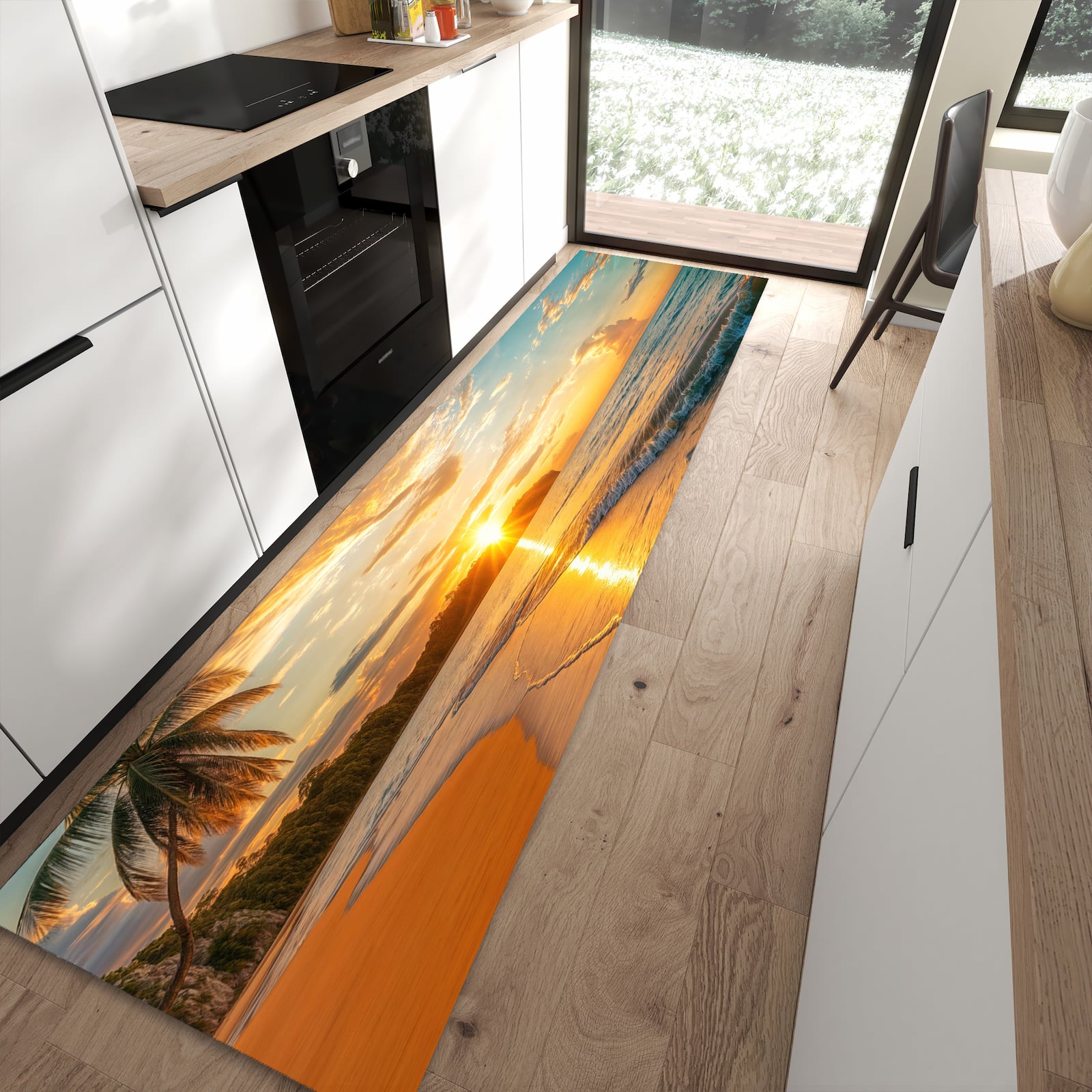 Wasserabweisender Teppich für Esstisch mit Motiv Strand von Sonnenuntergang in moderner Küche