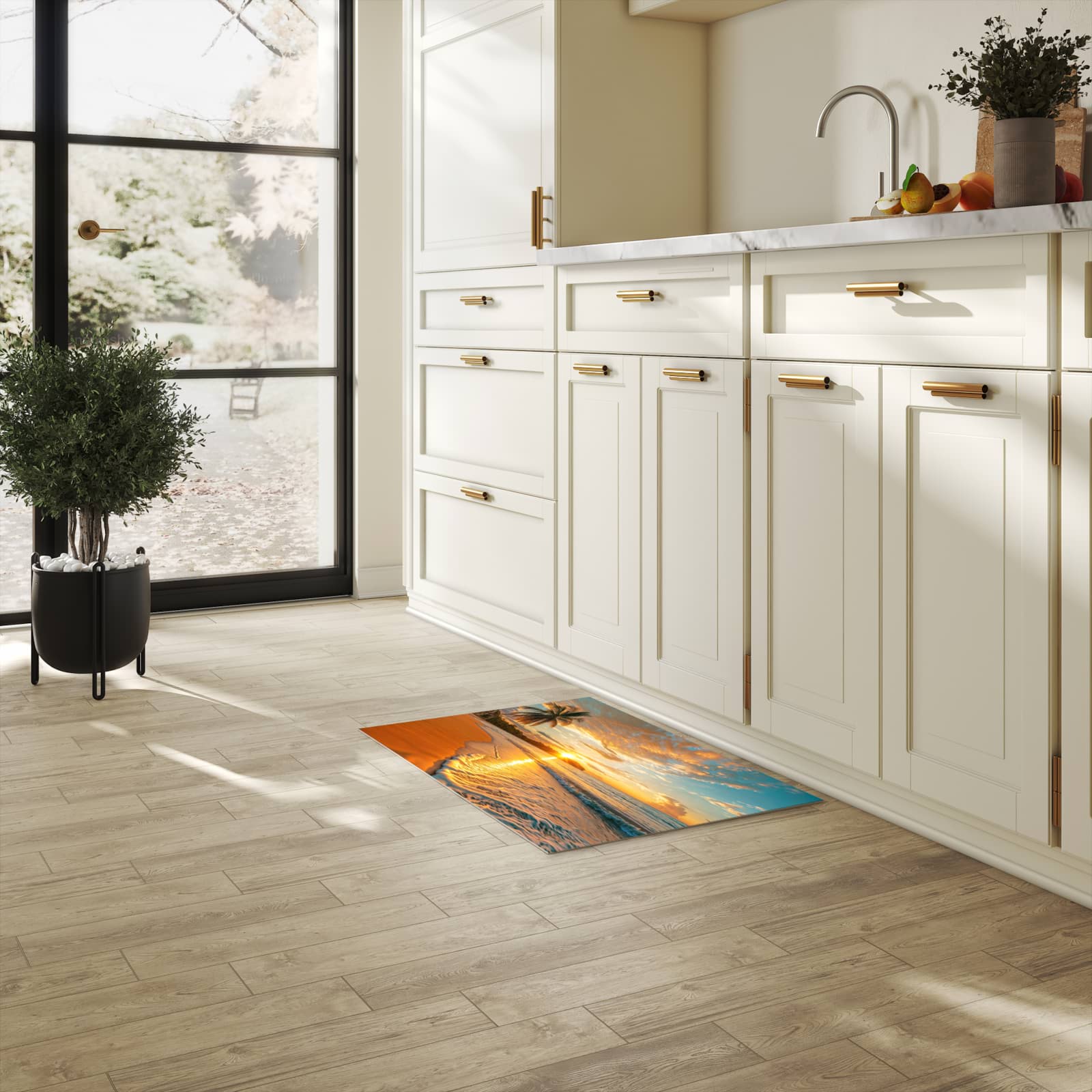 Waschbarer Küchenteppich mit Motiv Strand von Sonnenuntergang in heller Küche