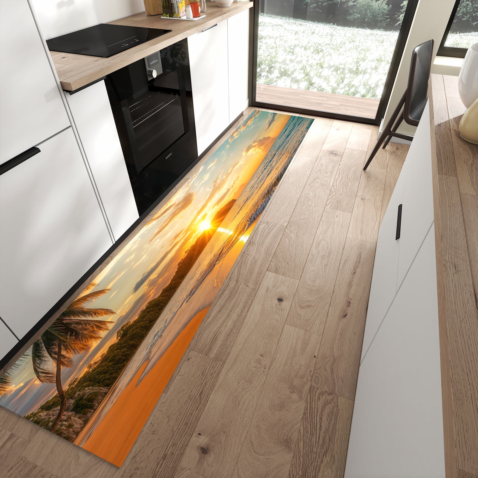 Zeitsparender rutschfester Läufer mit Motiv Strand von Sonnenuntergang in moderner Küche