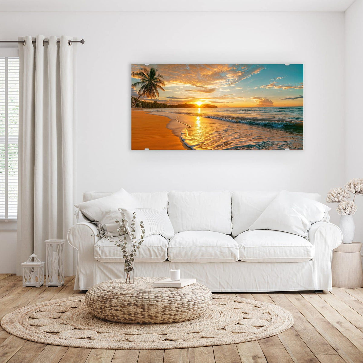 Wandbild - Palme am Abendstrand - Querformat – Palme im orangen Abendlicht