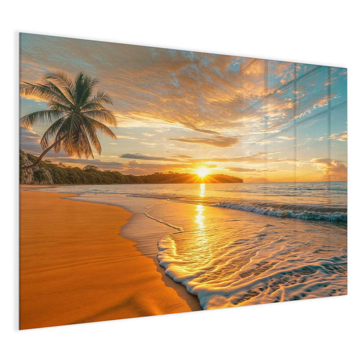 4 mm Glas statt lackiertem Blech – Glas Magnettafel - Palme am Abendstrand