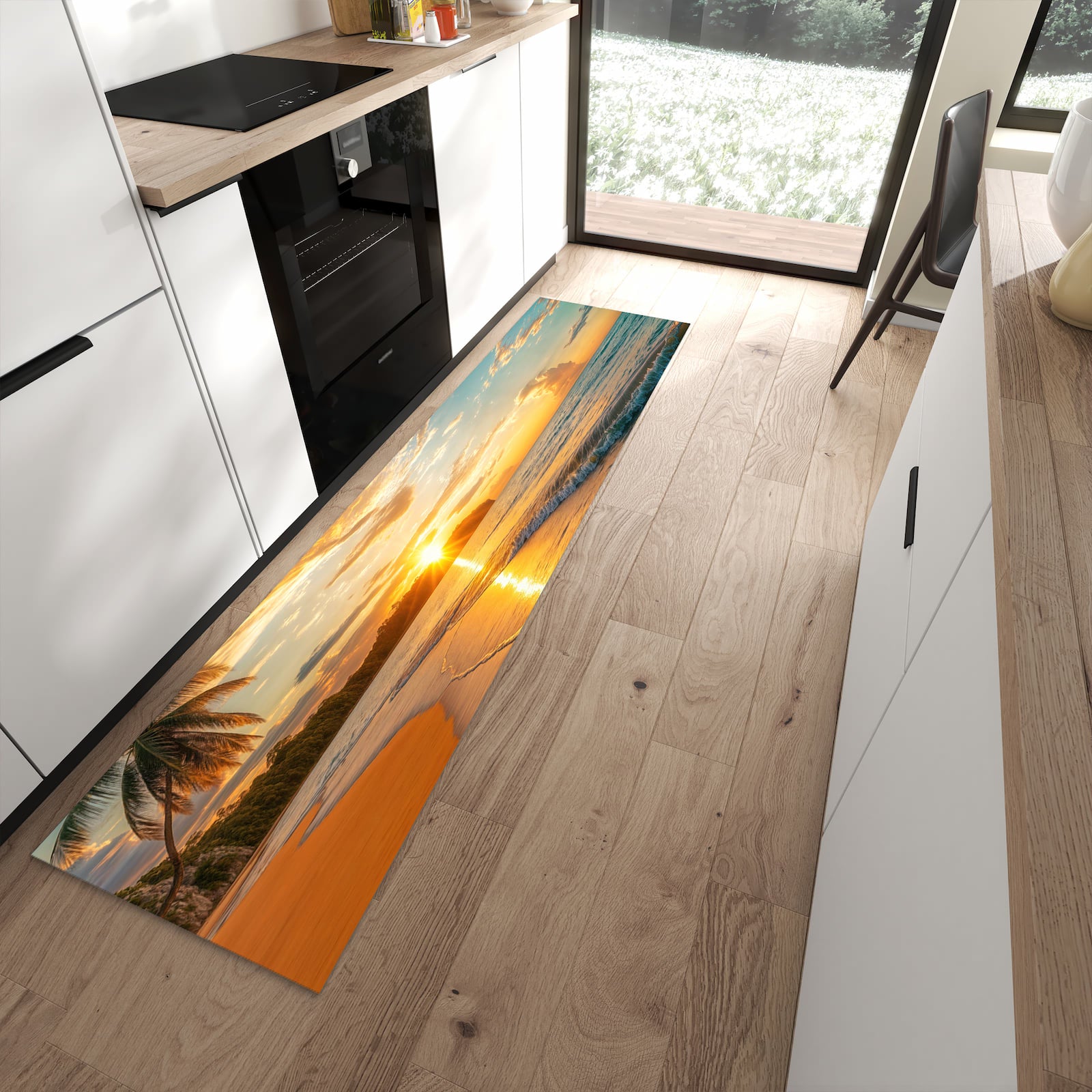 Formstabiler langer Teppich mit Motiv Strand von Sonnenuntergang in moderner Küche