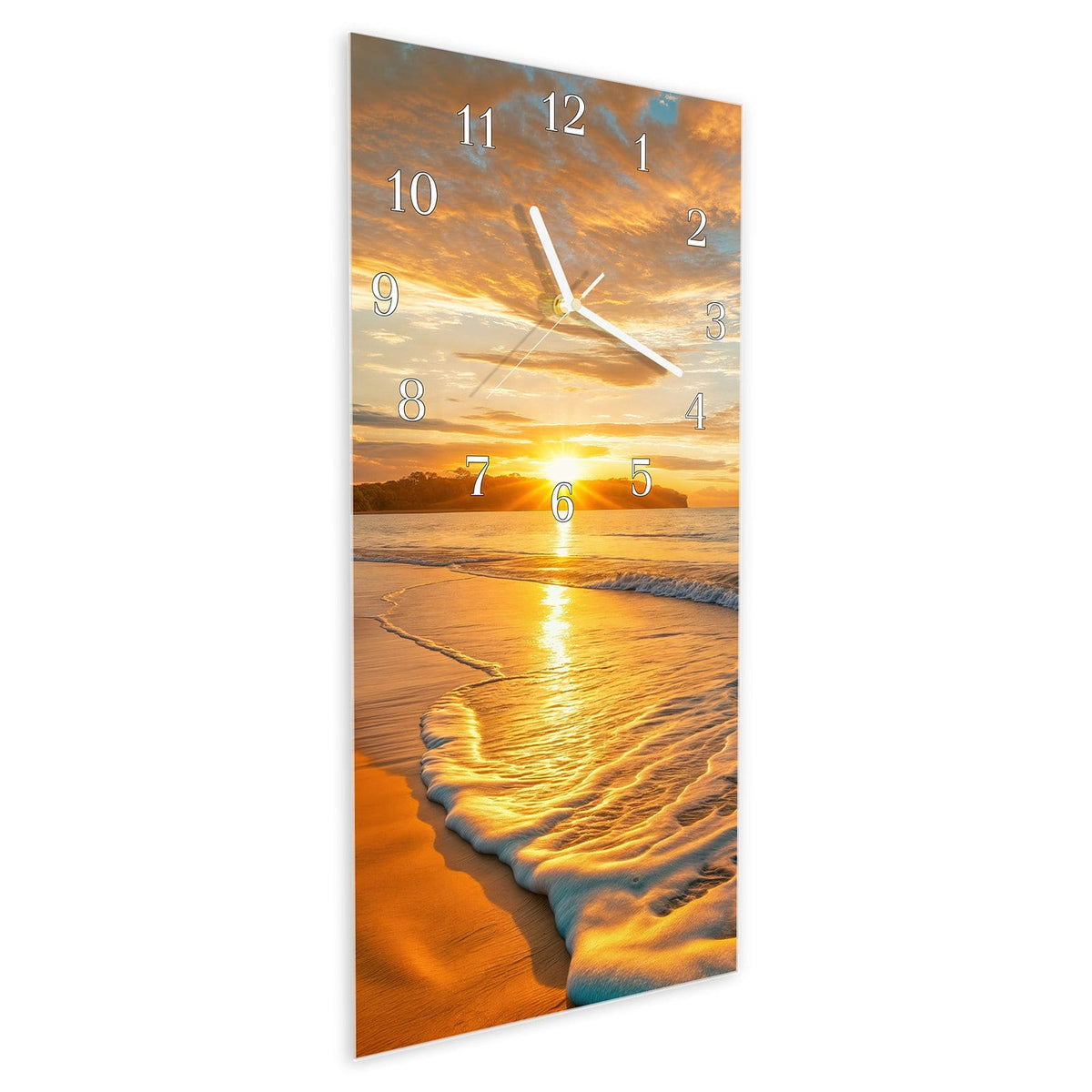 Vormontiert – mit Schwebeeffekt – Wanduhr Sonnenuntergang am Strand aus Glas – Hochformat 30 × 60 cm