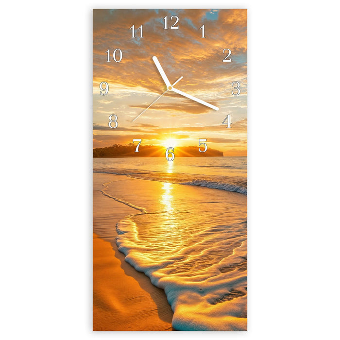 Wanduhr Sonnenuntergang am Strand aus Glas – Hochformat 30 × 60 cm mit Ziffernblatt Klassisch
