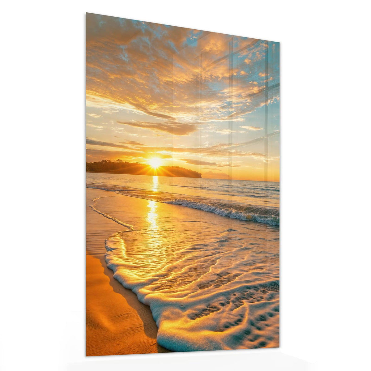 Glasbild Palme am Abendstrand von der Seite, 4 mm Echtglas