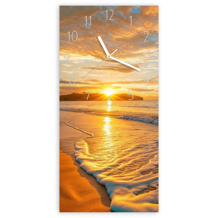 Wanduhr Sonnenuntergang am Strand aus Glas – Hochformat 30 × 60 cm mit Ziffernblatt Elegant