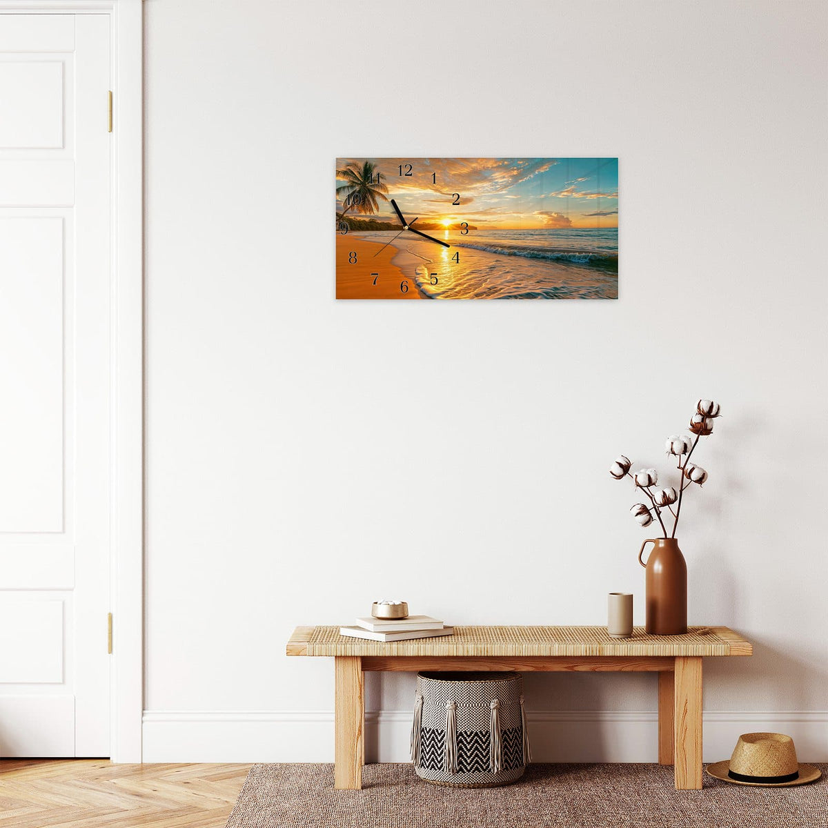 Moderne Wanduhr aus Glas mit Farbtiefe – Wanduhr Sonnenuntergang am Strand aus Glas – Querformat 60 × 30 cm
