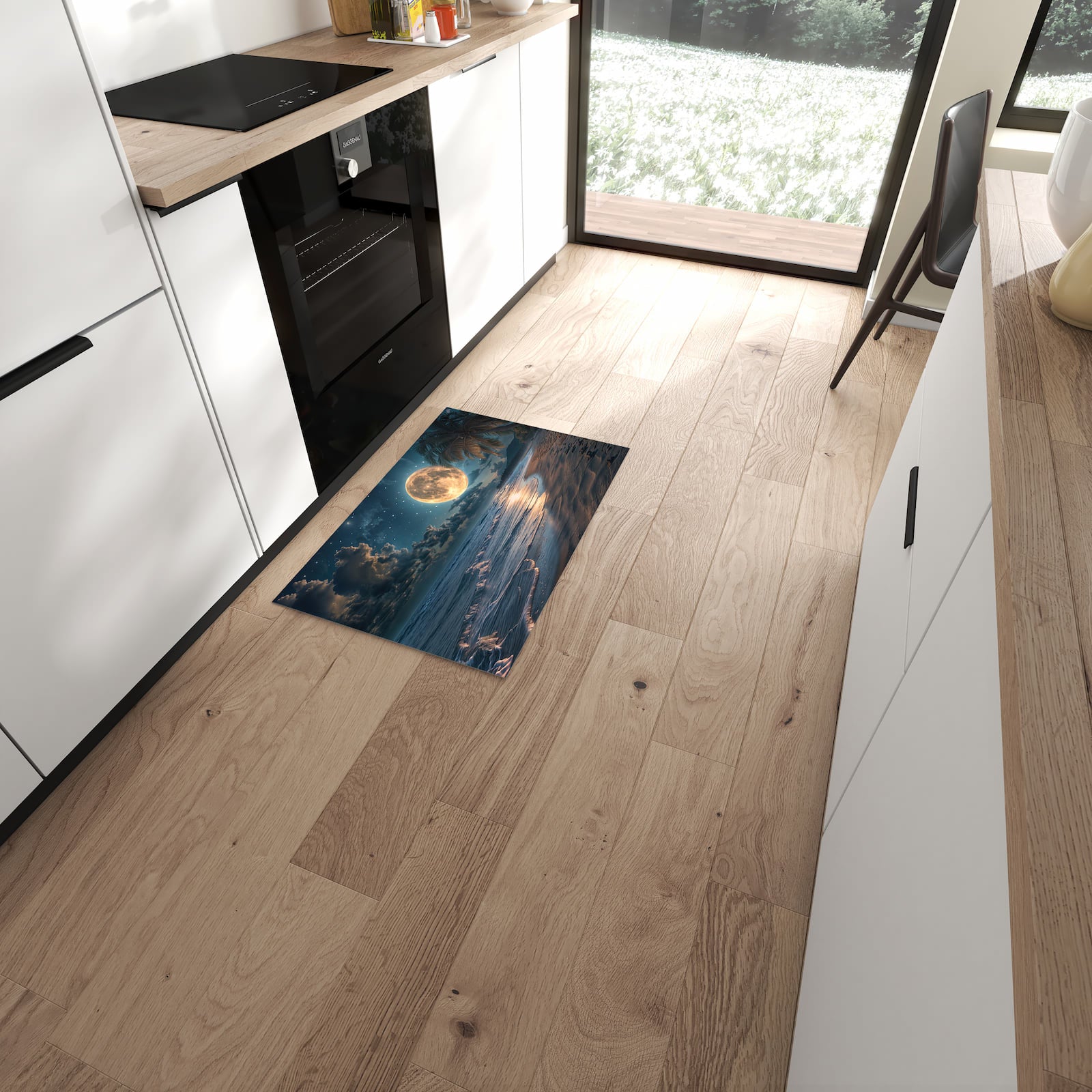 Hygienischer Läufer für die Küche mit Motiv Mondnacht am Strand in moderner Küche