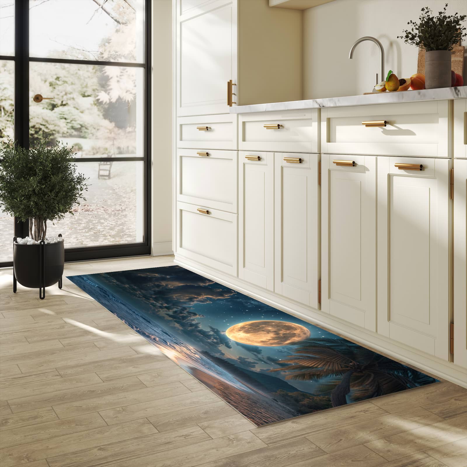 Schmutzabweisender rutschfester Küchenläufer mit Motiv Mondnacht am Strand in heller Küche