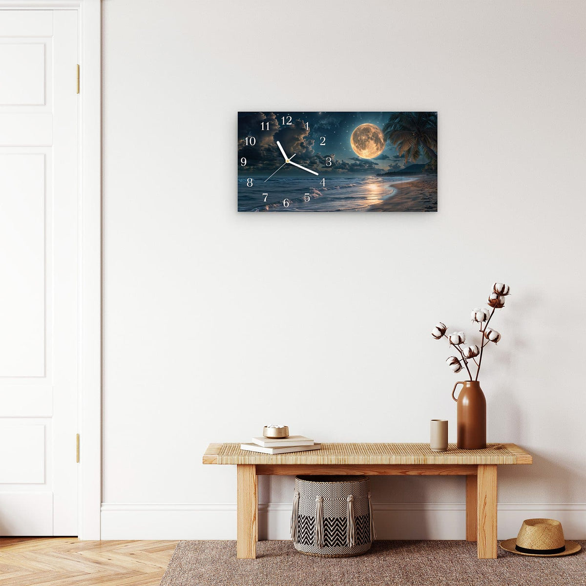 Moderne Wanduhr aus Glas mit Farbtiefe – Wanduhr Mondnacht am Strand aus Glas – Querformat 60 × 30 cm