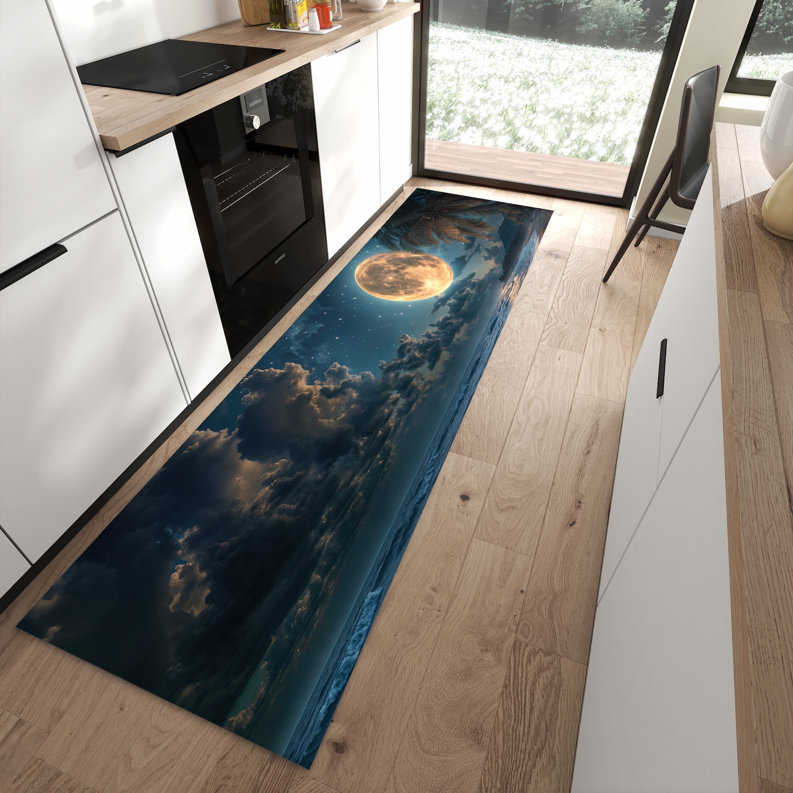 Langlebiger Küchenvorleger mit Motiv Mondnacht am Strand in moderner Küche