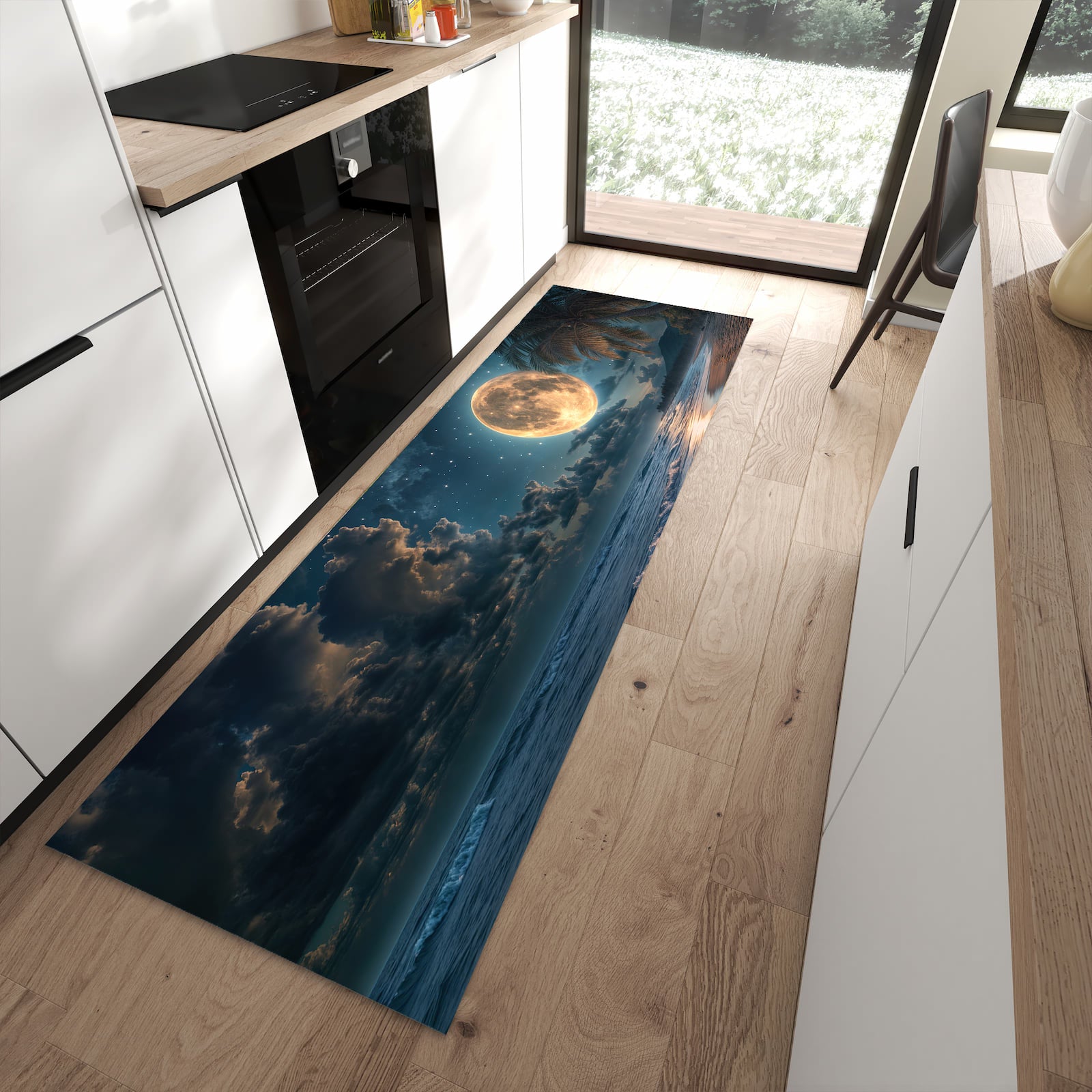 Waschbarer Küchenteppich mit Motiv Mondnacht am Strand in moderner Küche