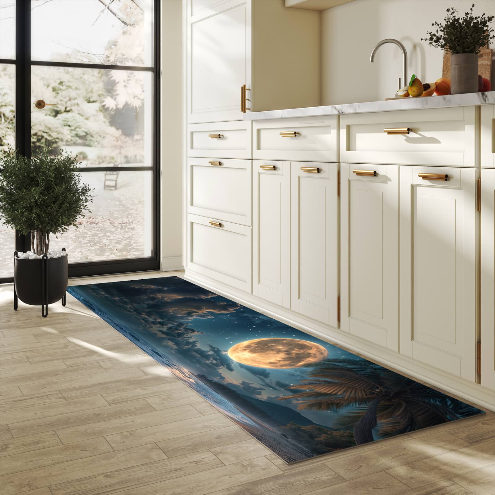 Geruchsneutraler rutschfester Küchenläufer mit Motiv Mondnacht am Strand in heller Küche