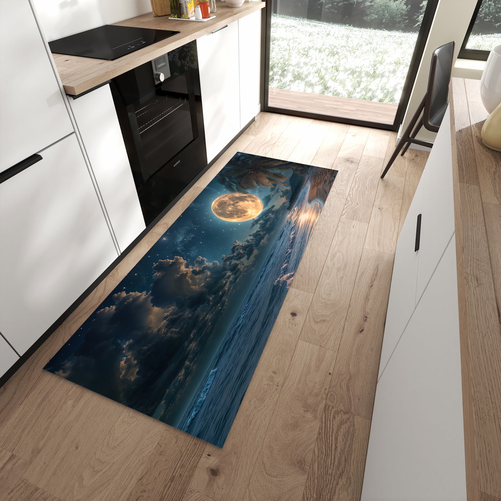 Strapazierfähiger Küchenläufer mit Motiv Mondnacht am Strand in moderner Küche