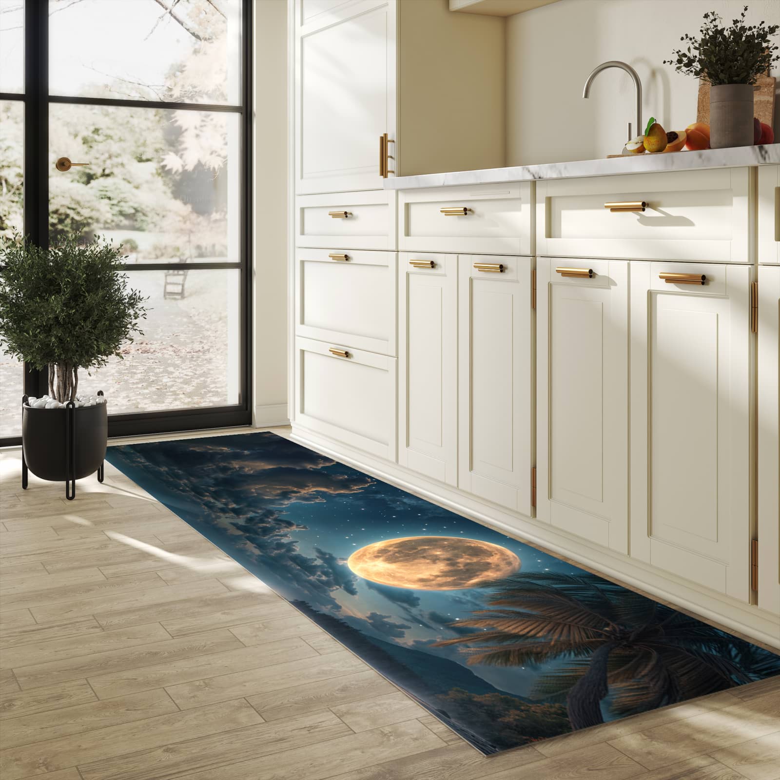 Langlebiger waschbarer Küchenläufer mit Motiv Mondnacht am Strand in heller Küche