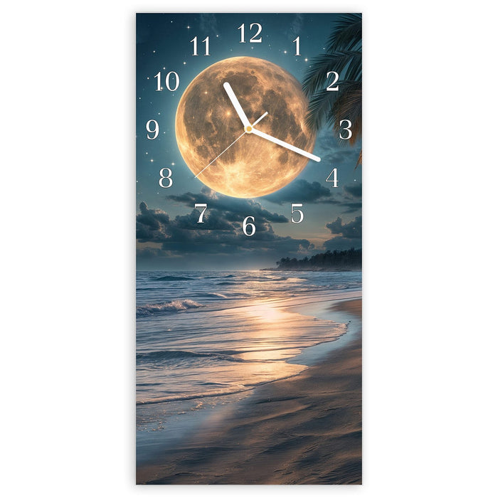 Wanduhr Mondnacht am Strand aus Glas – Hochformat 30 × 60 cm mit Ziffernblatt Klassisch