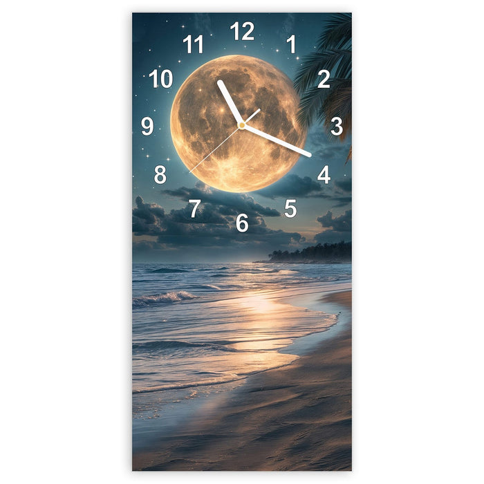 Wanduhr Mondnacht am Strand aus Glas – Hochformat 30 × 60 cm mit Ziffernblatt Modern