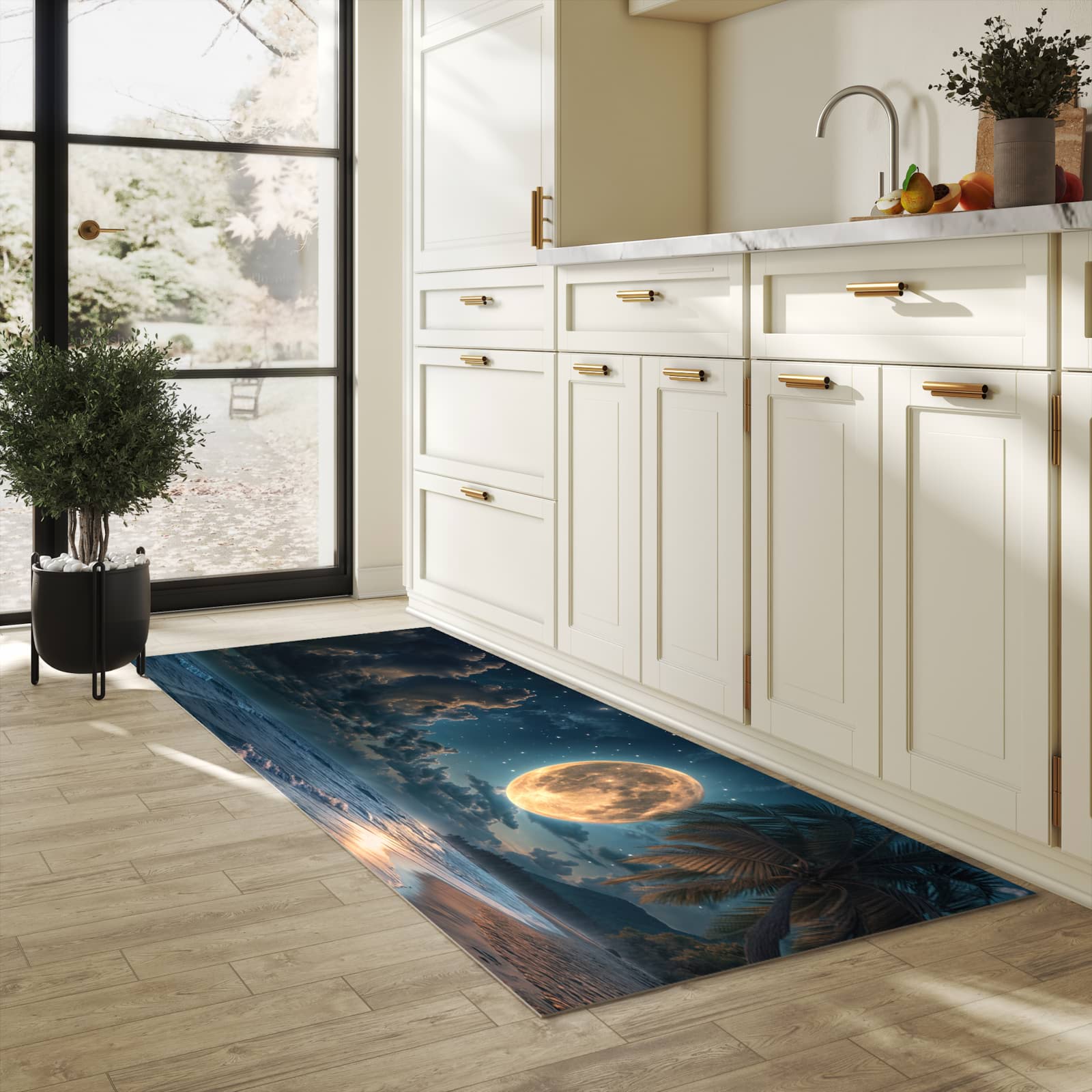 Pflegeleichter moderner Küchenläufer mit Motiv Mondnacht am Strand in heller Küche