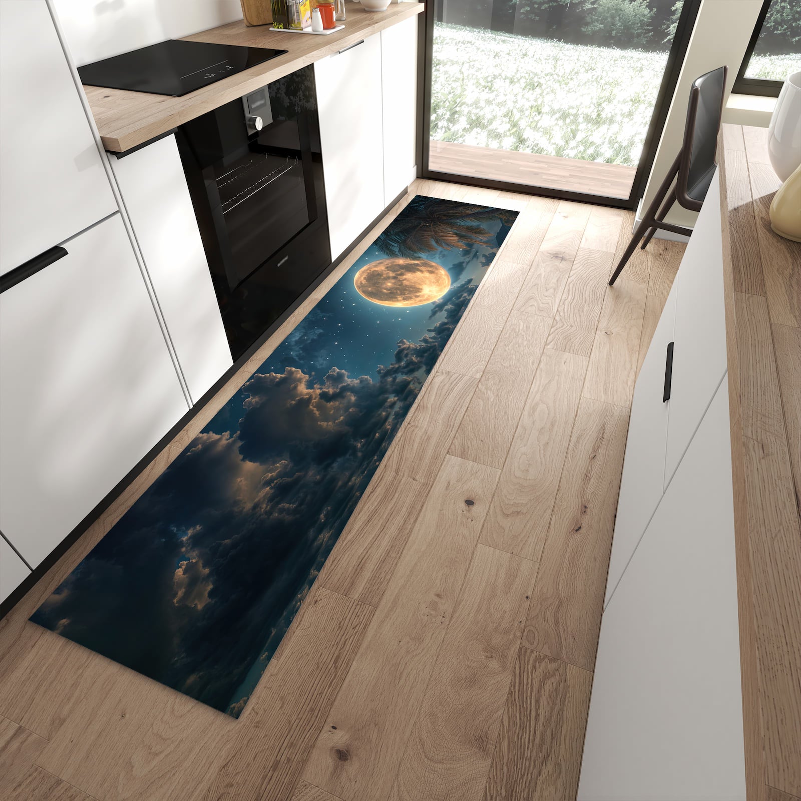 Pflegeleichter Küchenteppich mit Motiv Mondnacht am Strand in moderner Küche