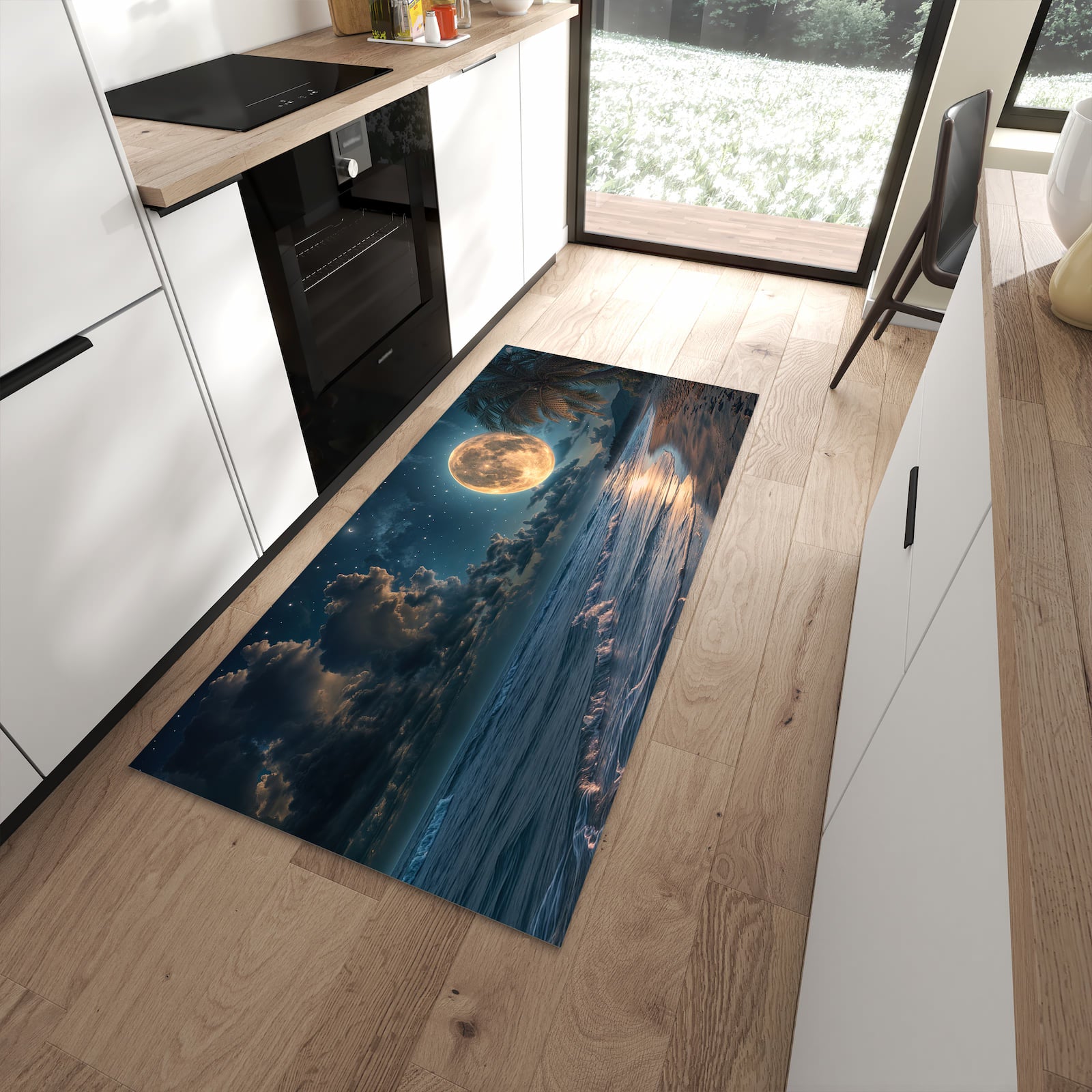 Feuchtigkeitsresistenter Küchenläufer mit Motiv Mondnacht am Strand in moderner Küche