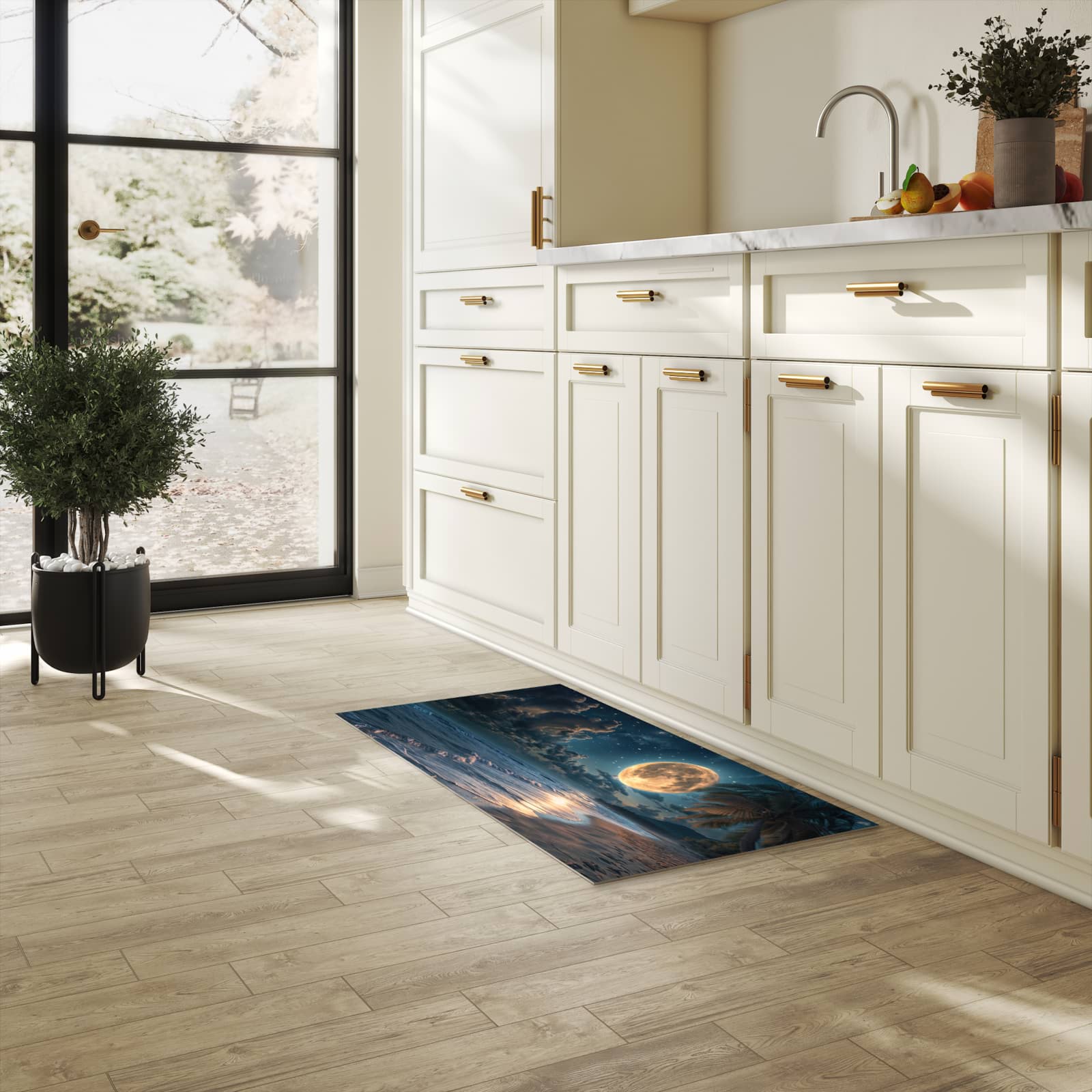 Waschbarer Küchenteppich mit Motiv Mondnacht am Strand in heller Küche für sichere Aufbewahrung