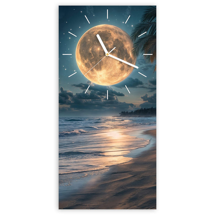 Wanduhr Mondnacht am Strand aus Glas – Hochformat 30 × 60 cm mit Ziffernblatt Linie