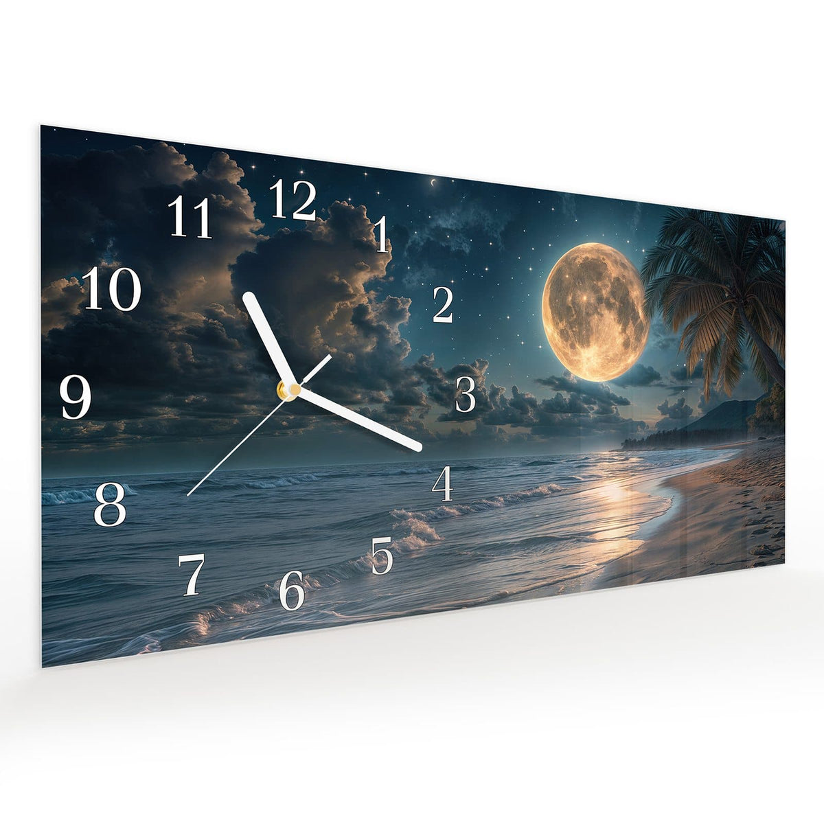 Vormontiert – mit Schwebeeffekt – Wanduhr Mondnacht am Strand aus Glas – Querformat 60 × 30 cm