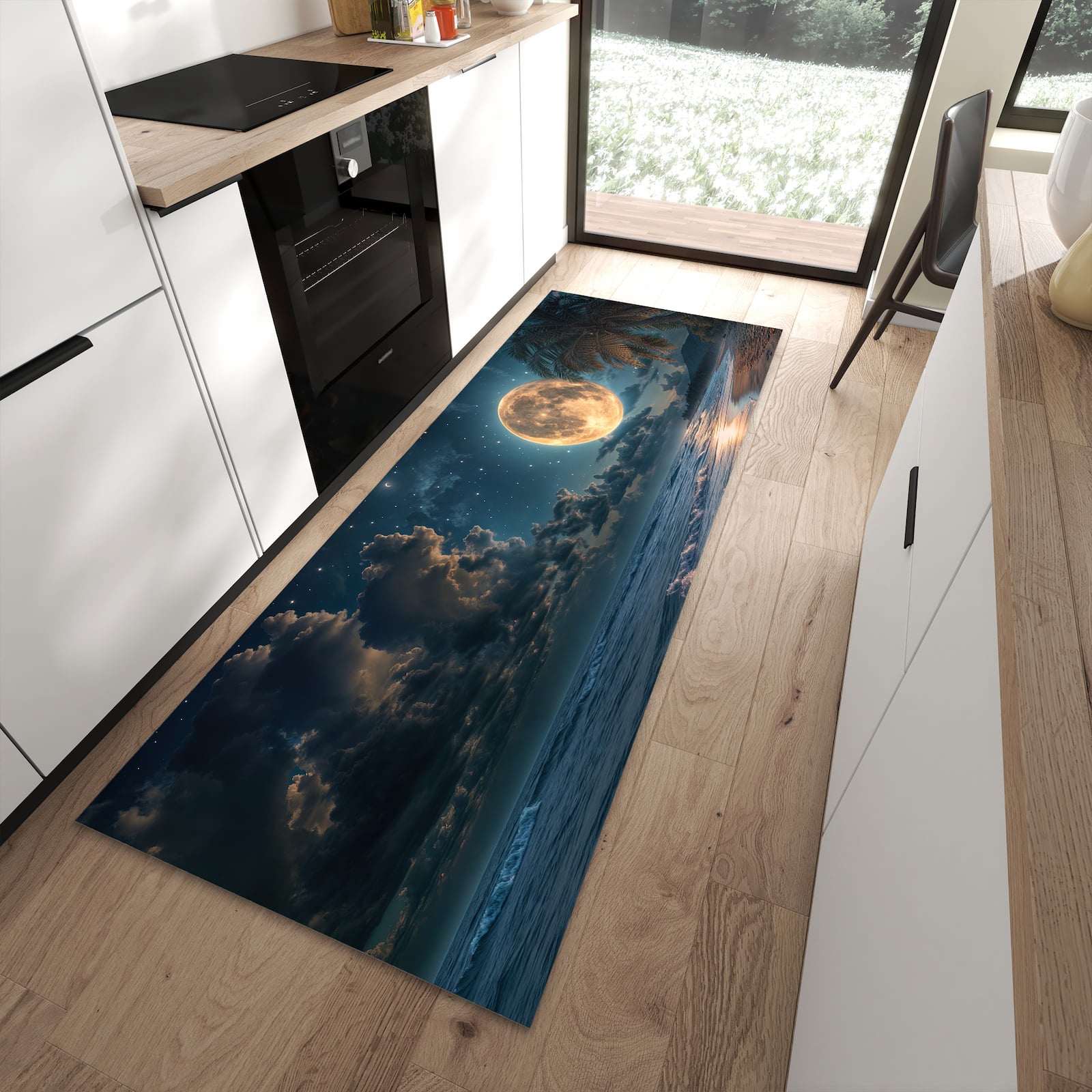 Bodenschonender Küchenteppich mit Motiv Mondnacht am Strand in moderner Küche