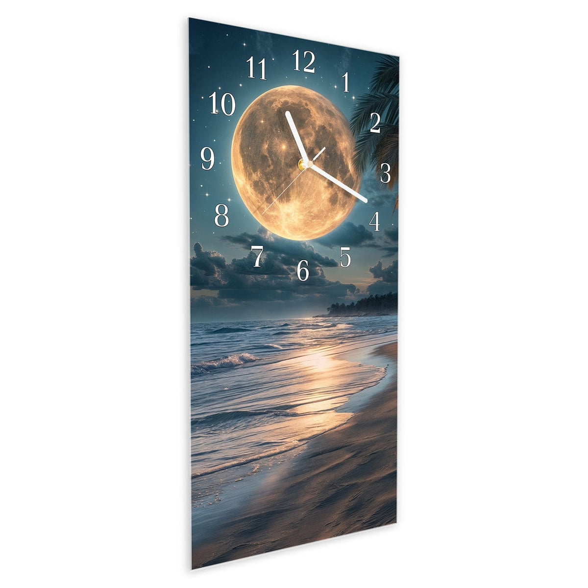 Vormontiert – mit Schwebeeffekt – Wanduhr Mondnacht am Strand aus Glas – Hochformat 30 × 60 cm