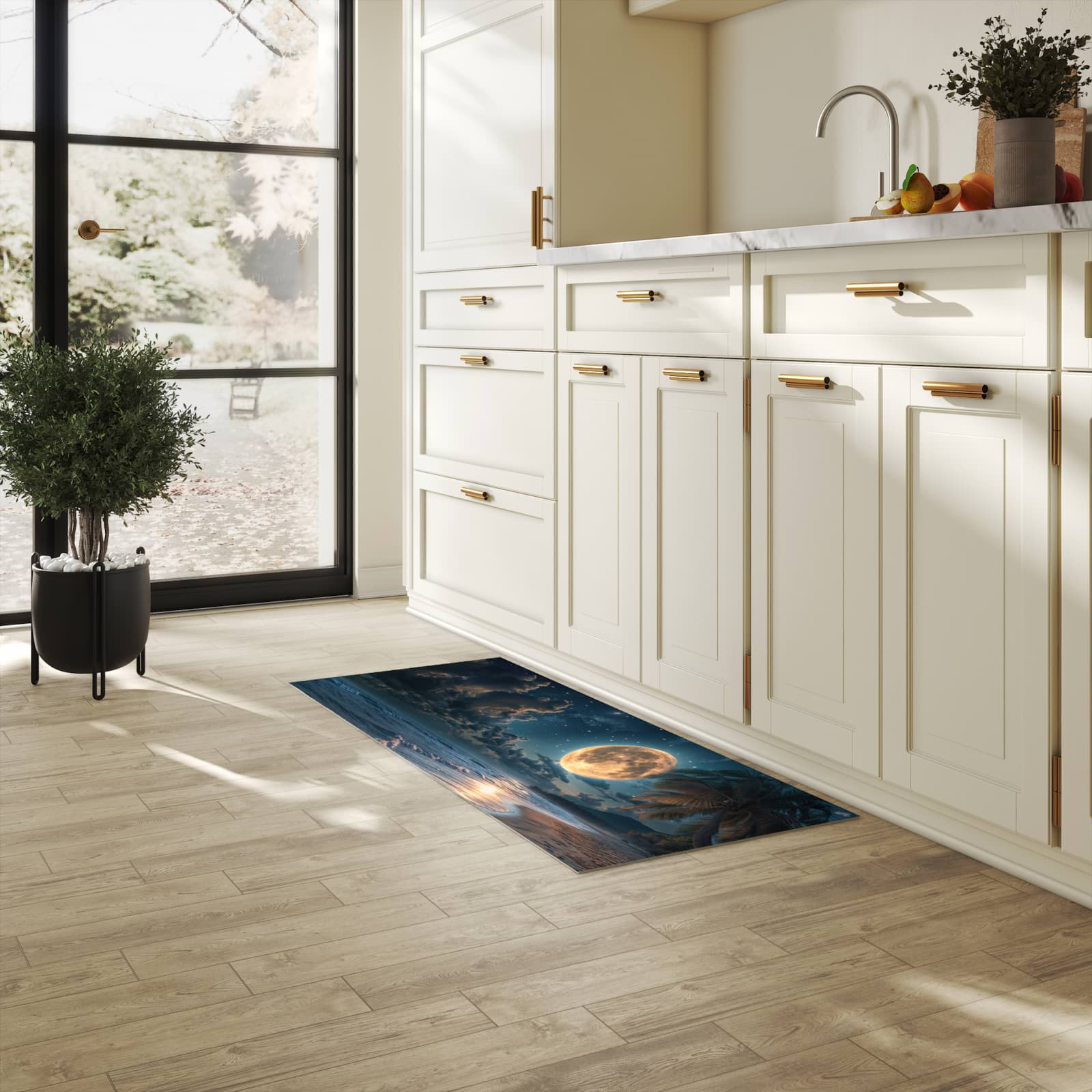 Zeitsparender großer Küchenteppich mit Motiv Mondnacht am Strand in heller Küche